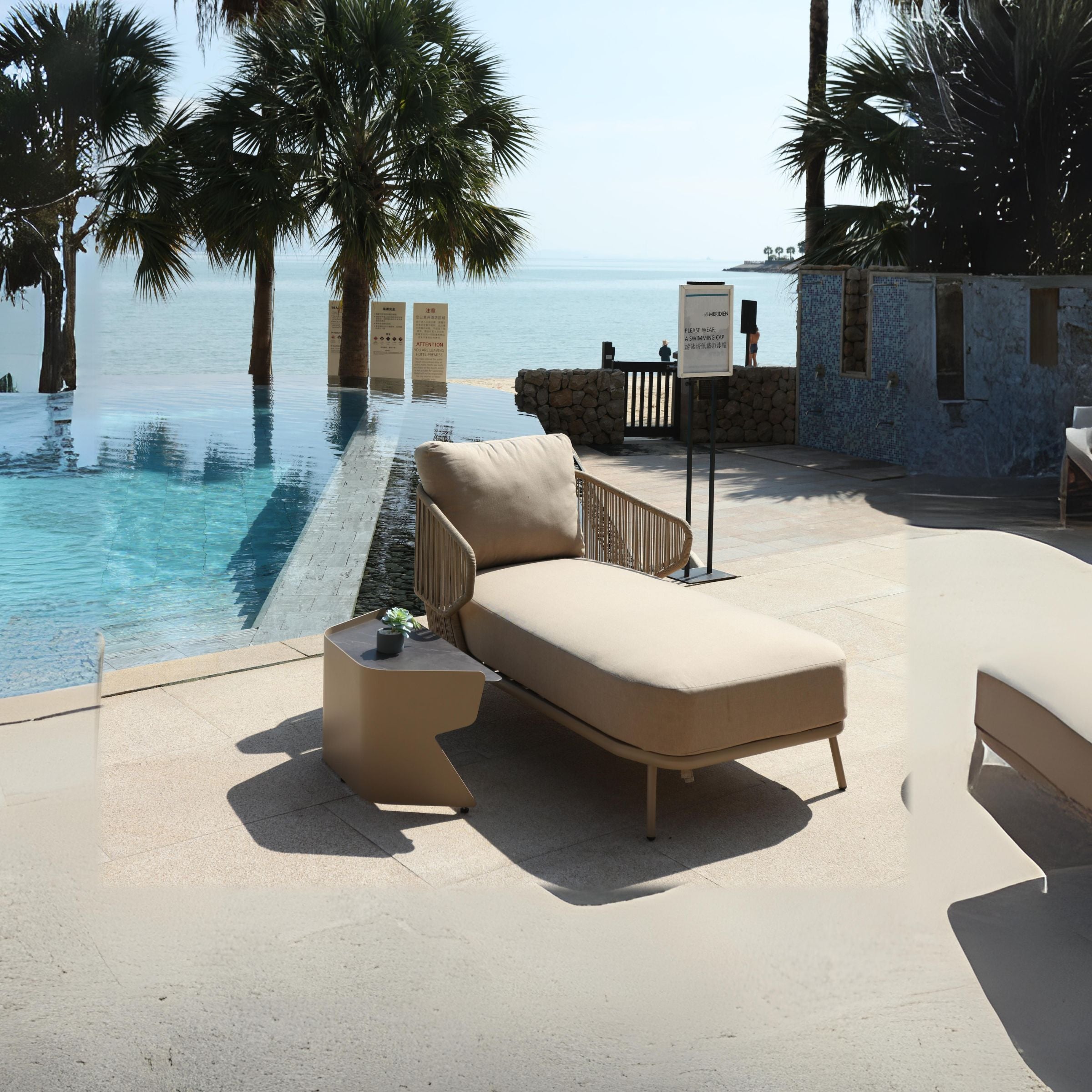 BEACON Embrace Outdoor Relax Sunbed MYX-LC1030, a stylish outdoor sunlounger with cushioned seating for relaxing outdoors.