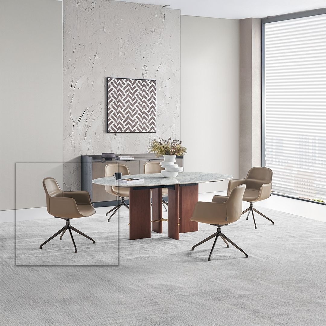 Beige saddle leather Equus Contour dining chair with a sleek design and sturdy wooden legs, perfect for modern dining rooms.