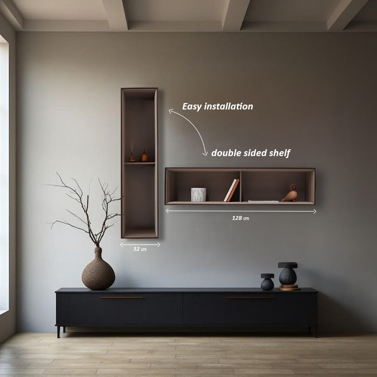 Eucalyptus wood shelf from BEACON IGG-G201 series, wall-mounted storage shelf with natural wood finish.