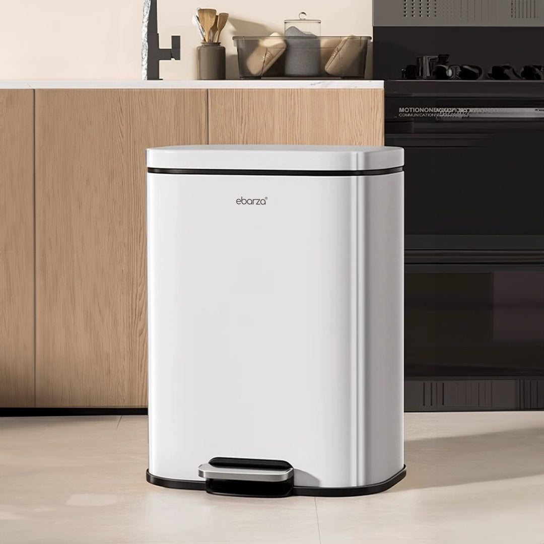 Cream matte fashion rectangle soft-close trash can from BEACON, bathroom accessory with sleek, modern design and durable construction.