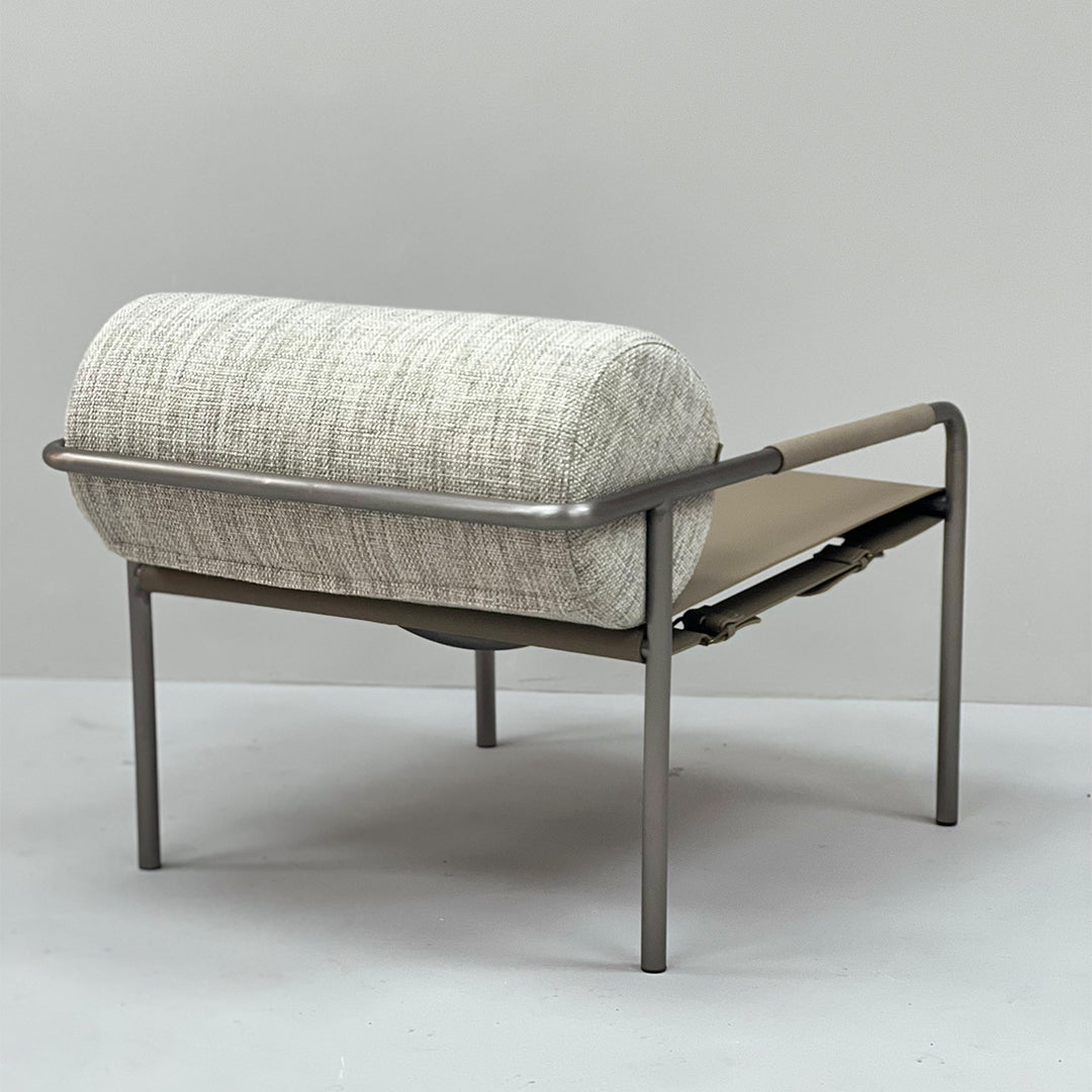 BEACON Filch Armchair MLL-A149 in plush fabric with curved armrests and wooden legs, modern design for living room seating.