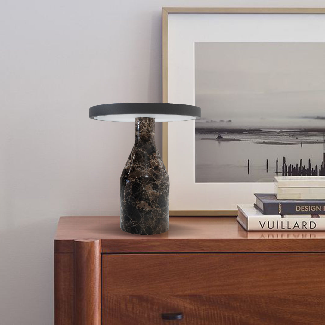 Flat shape real marble table lamp in dark gray and coffee tones, designed for desks and tables by BEACON.