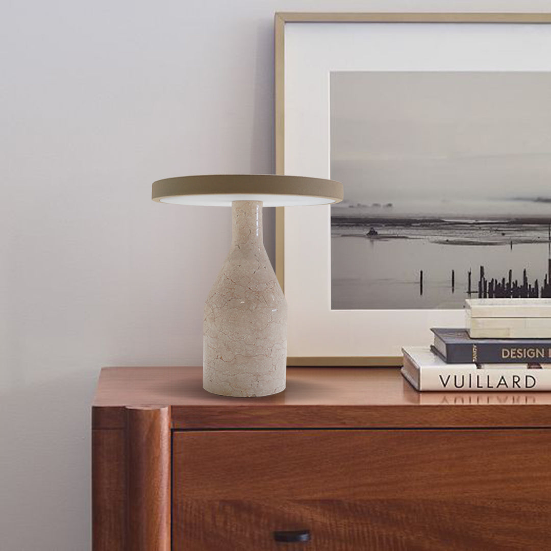 Flat shape real marble table lamp in khaki and beige with a modern design, ideal for desk or table lighting.