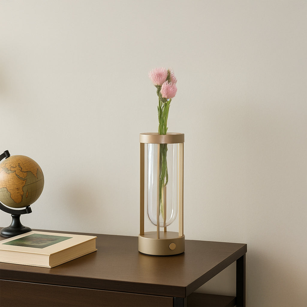Beacon FloraBeam multi-functional table lamp and vase in sandy taupe, featuring a sleek design for desk or table use.