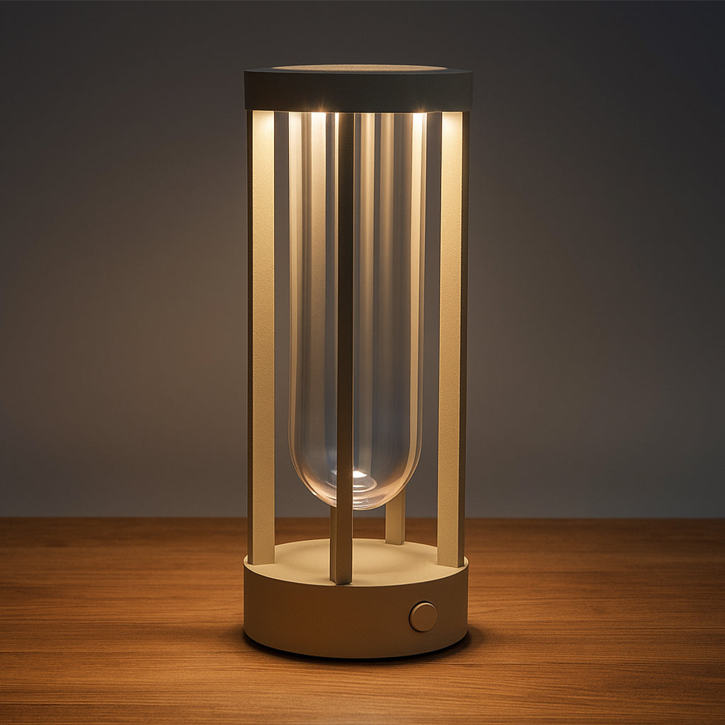 Beacon FloraBeam multi-functional table lamp and vase in Sandy Taupe, with sleek design and integrated lighting and floral display.