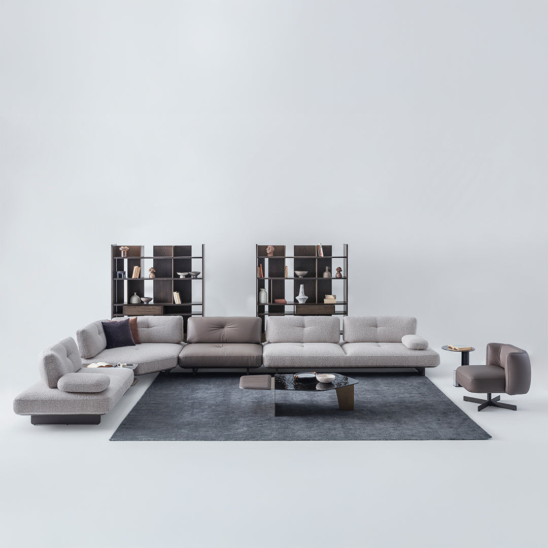 HOMAGE KOLTUK Foresta corner sofa with modular design and side table, plush fabric, in a modern living room setting