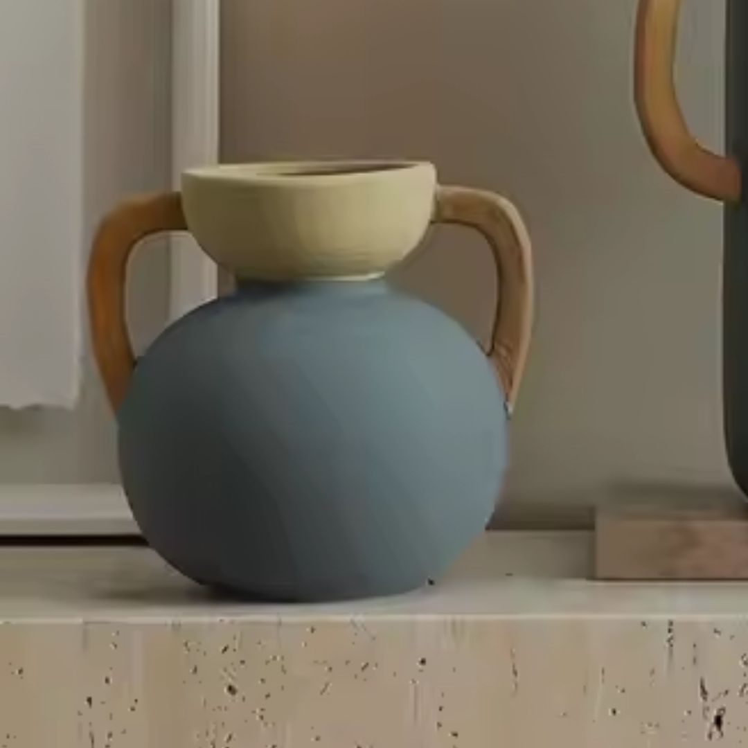 Four-color BEACON ceramic amphorae vase showcasing a vibrant, multi-hued design with a classic amphora shape.