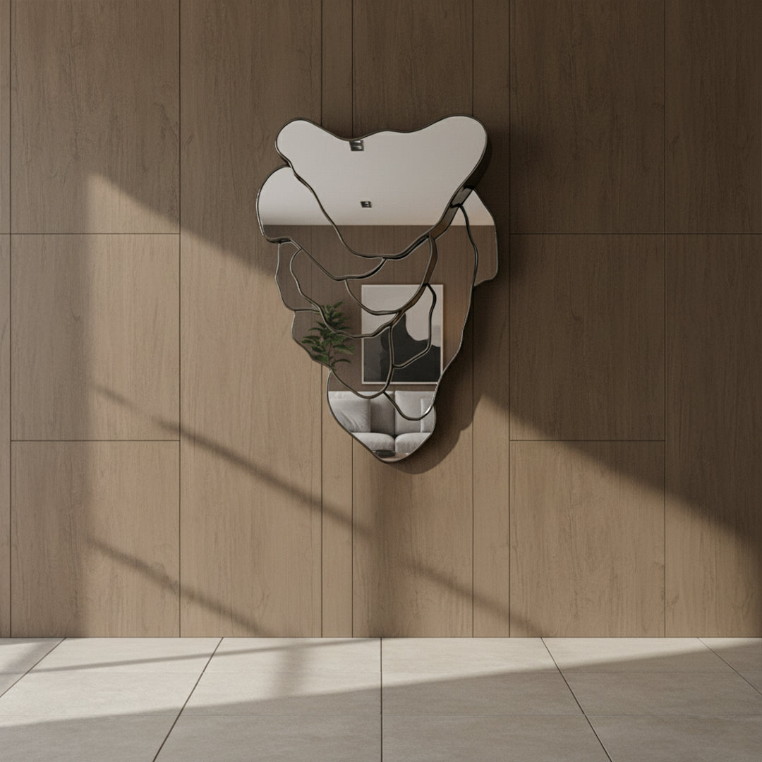 Framed wall mirror with grey-black plated finish, modern design, reflecting a stylish, contemporary home decor style.