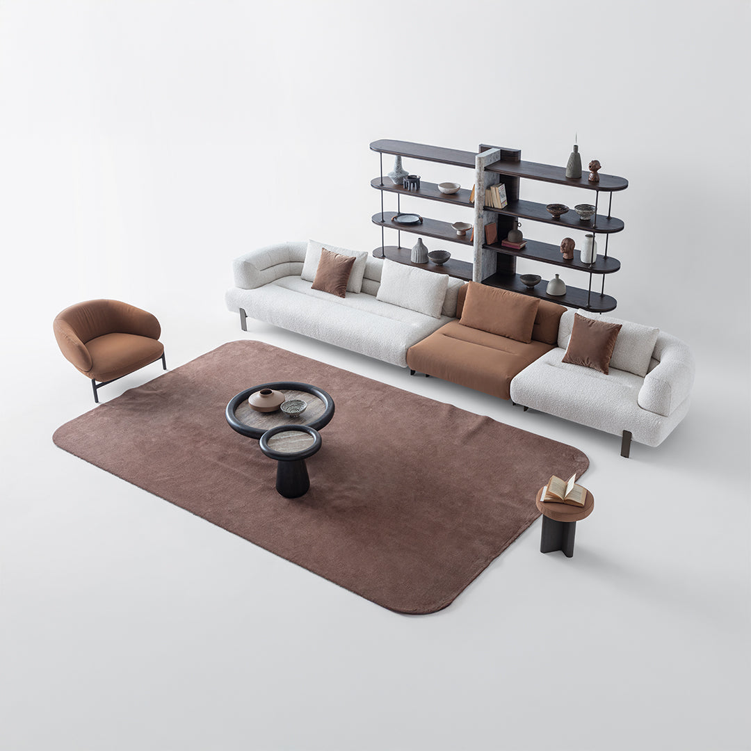 Left-facing Freda corner sofa from HOMAGE KOLTUK, modular design, beige fabric with plush cushions, display model for living room setup.