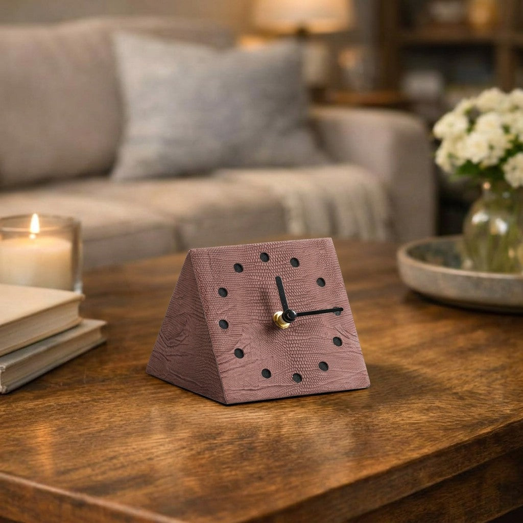 Geometric brown clock by BEACON featuring a modern design, placed on a white table with a minimalist background.