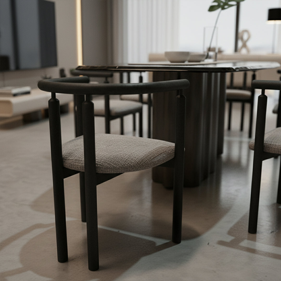 Ecole Living Funda dining chair with wooden legs and cushioned seat, modern design for dining room or kitchen.