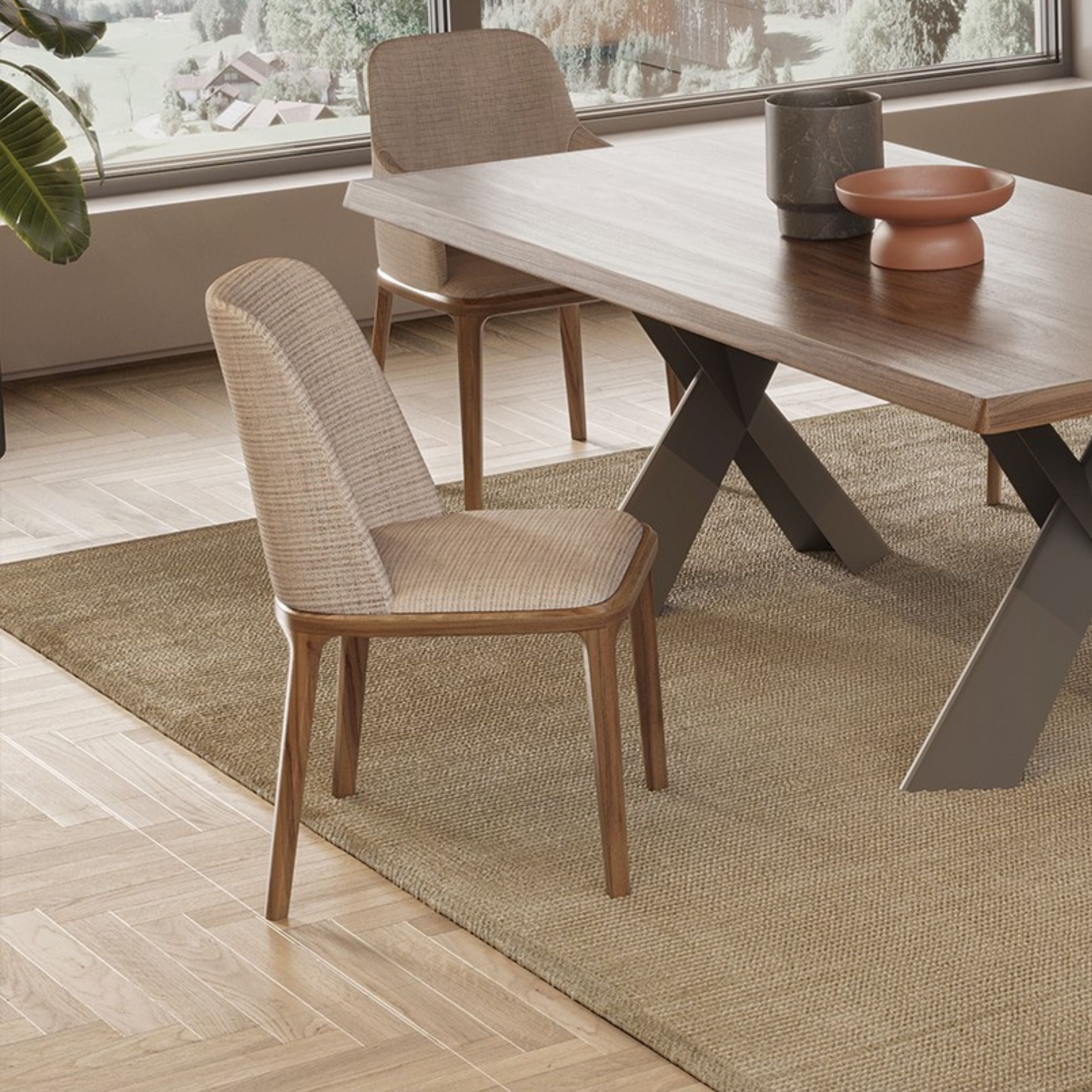 Genova dining chair by YOL LIVING, display model with wooden frame and upholstered seat, in a modern design.