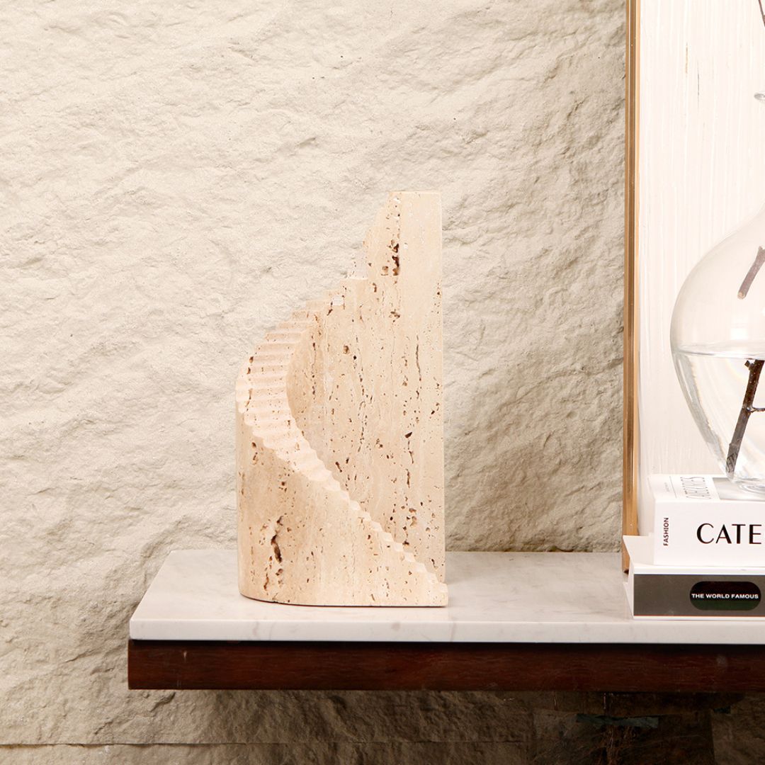 Geometric marble sculpture from BEACON home decor figurines featuring modern, abstract design in white and gray marble.