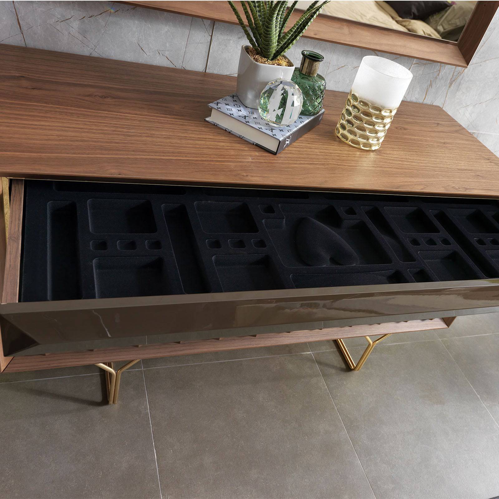 YOL LIVING Ginda dresser with matching mirror, modern bedroom furniture, wooden finish, and clean design.