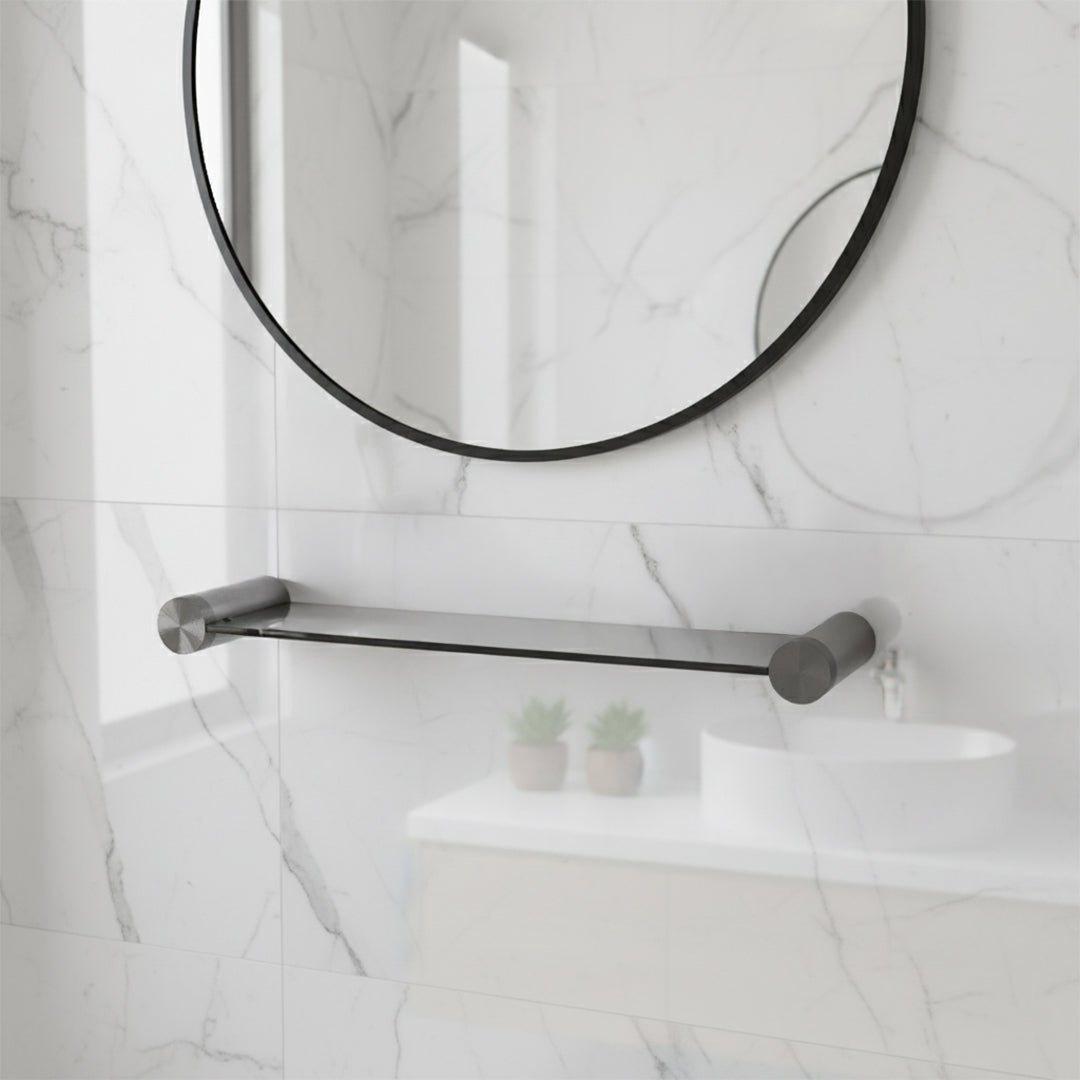 Glass shelf BEACON 901 07ABCG bathroom accessory mounted on wall with metal brackets, ideal for bathroom organization.