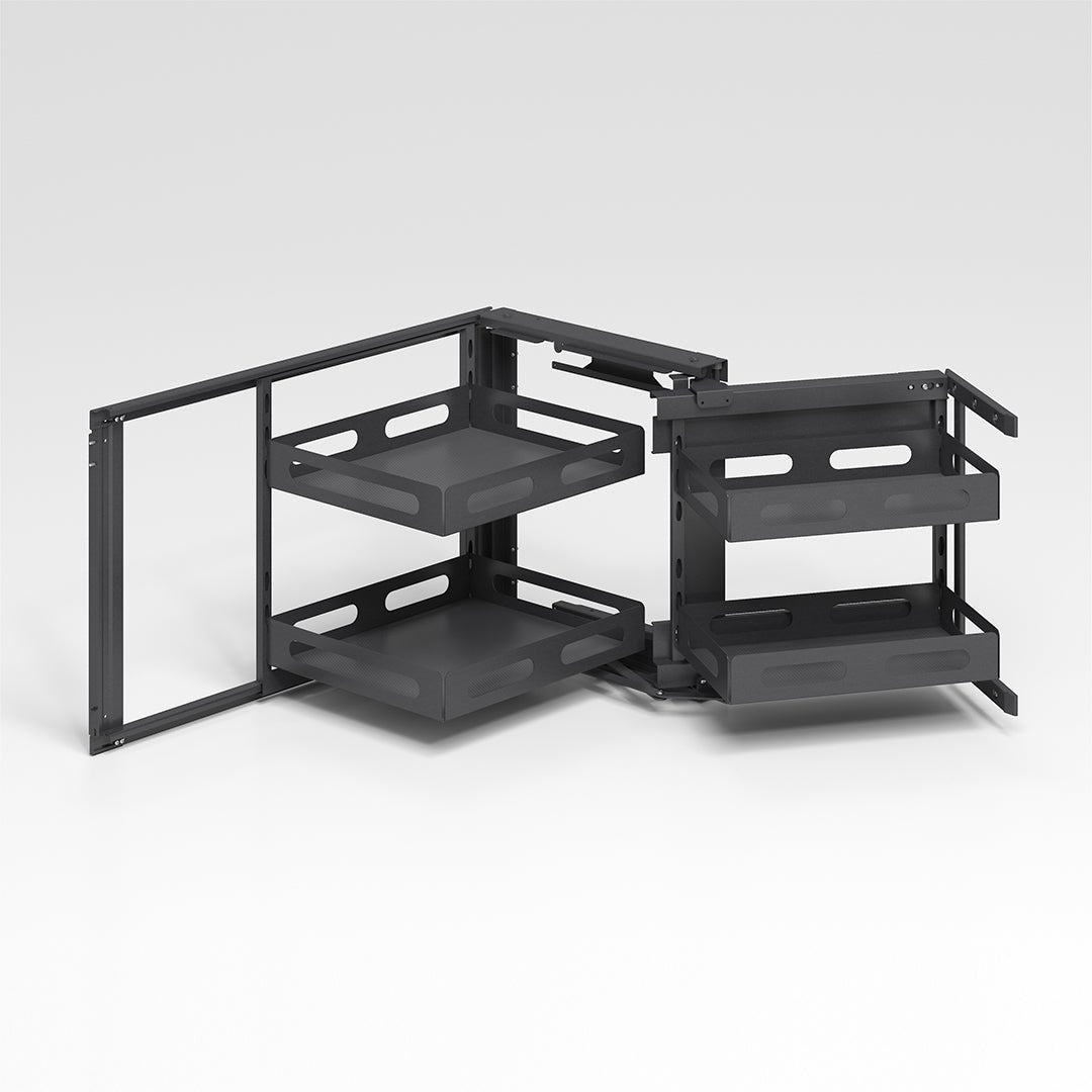 BEACON GlidePro cabinet pull-out corner storage organizer with hinges, right or left, in black for efficient kitchen corner access.