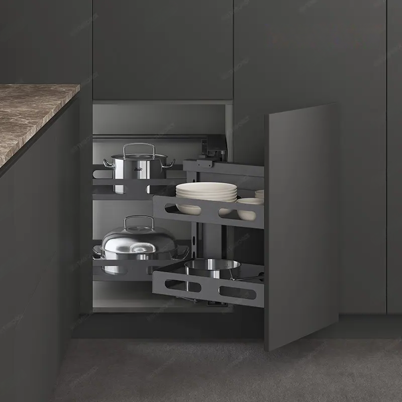 BEACON GlidePro cabinet pull-out corner storage organizer with hinges, designed for right or left corner cabinet access.