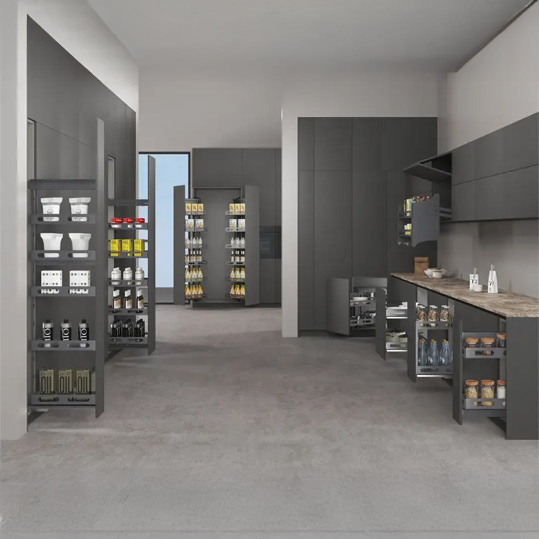 BEACON GlidePro Tall Pull Out Pantry hinges in black, designed for efficient kitchen storage and easy access.