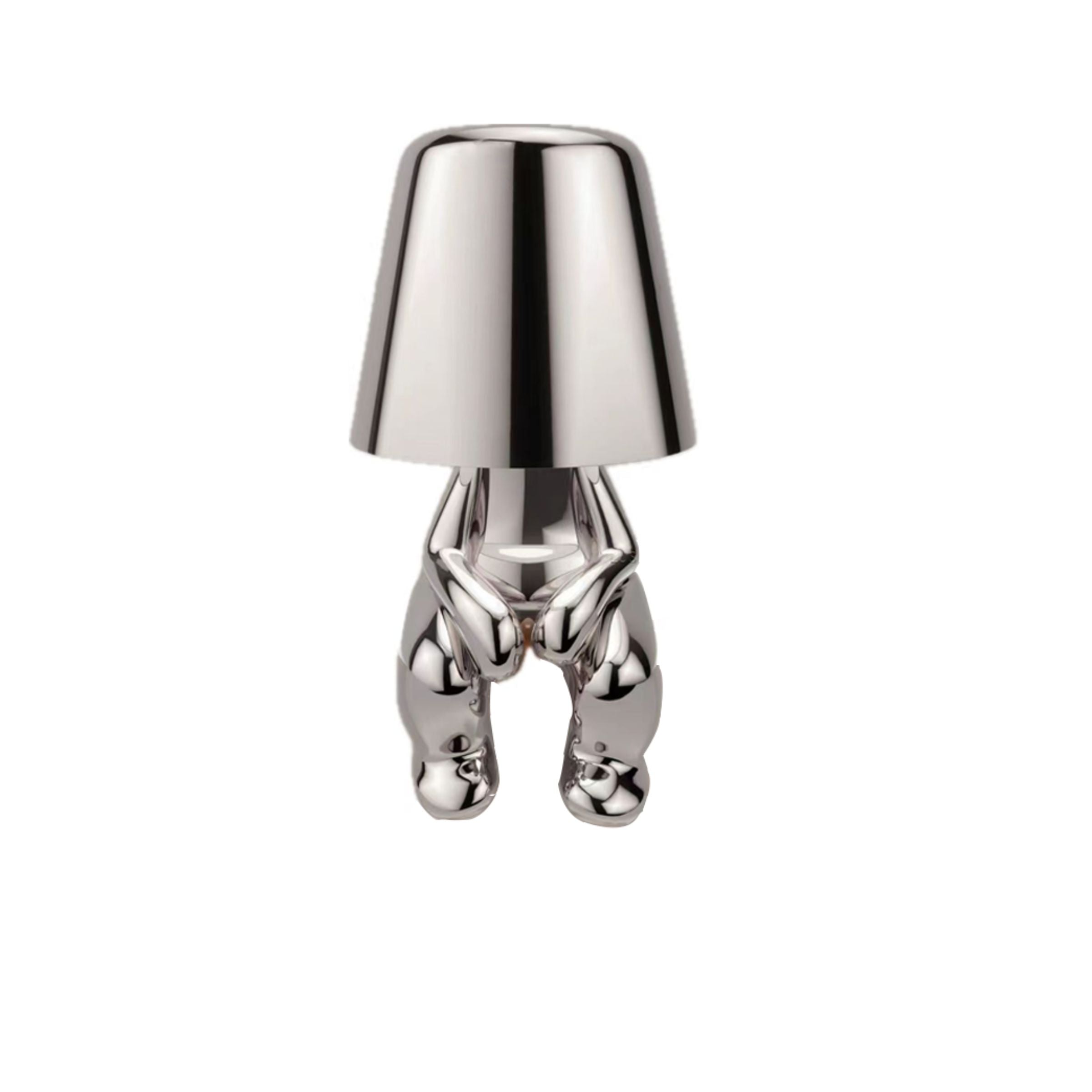 Glossy silver rechargeable table lamp by BEACON, ideal for desk or bedside lighting, with sleek modern design.