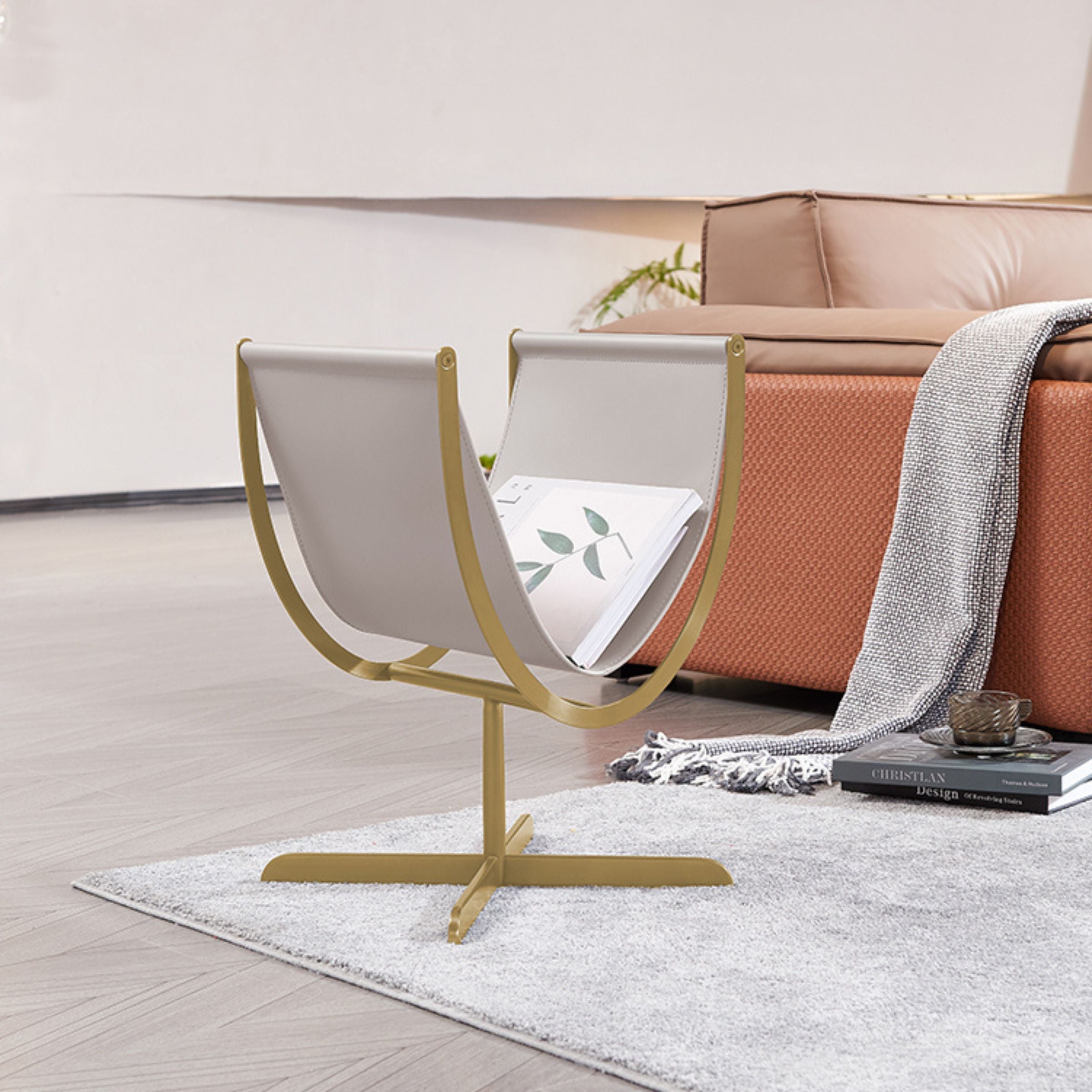 Beige side table with gold brushed saddle leather top and stainless steel legs, modern design by BEACON.