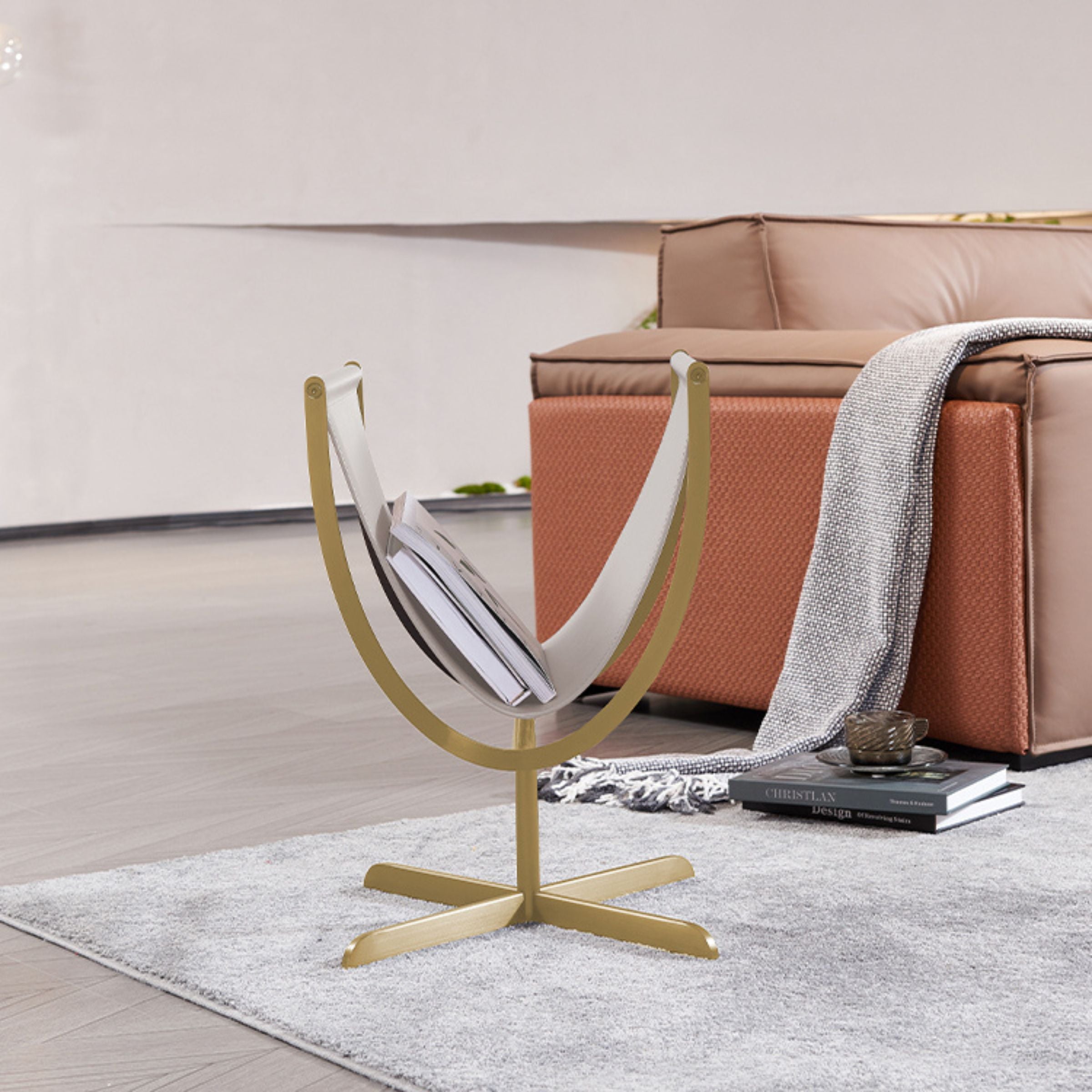 Gold  brushed saddle leather & stainless steel Side Table MLL-D74-Beige -  Side Tables - ebarza Furniture UAE | Shop Modern Furniture in Abu Dhabi & Dubai - مفروشات ايبازرا في الامارات | تسوق اثاث عصري وديكورات مميزة في دبي وابوظبي