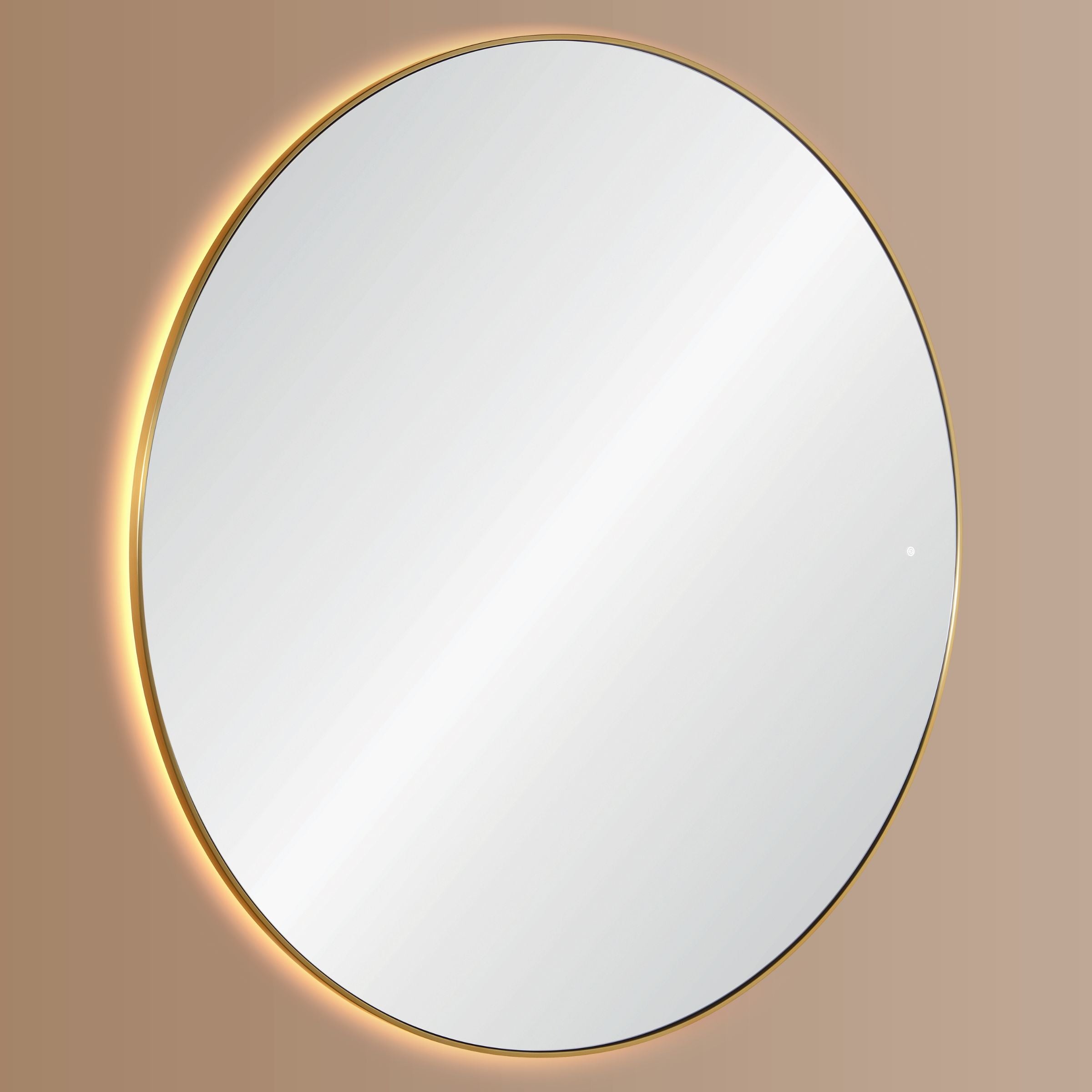 Golden mirror with stainless steel frame and LED lighting by BEACON, sleek modern design, reflecting a bright, elegant space.
