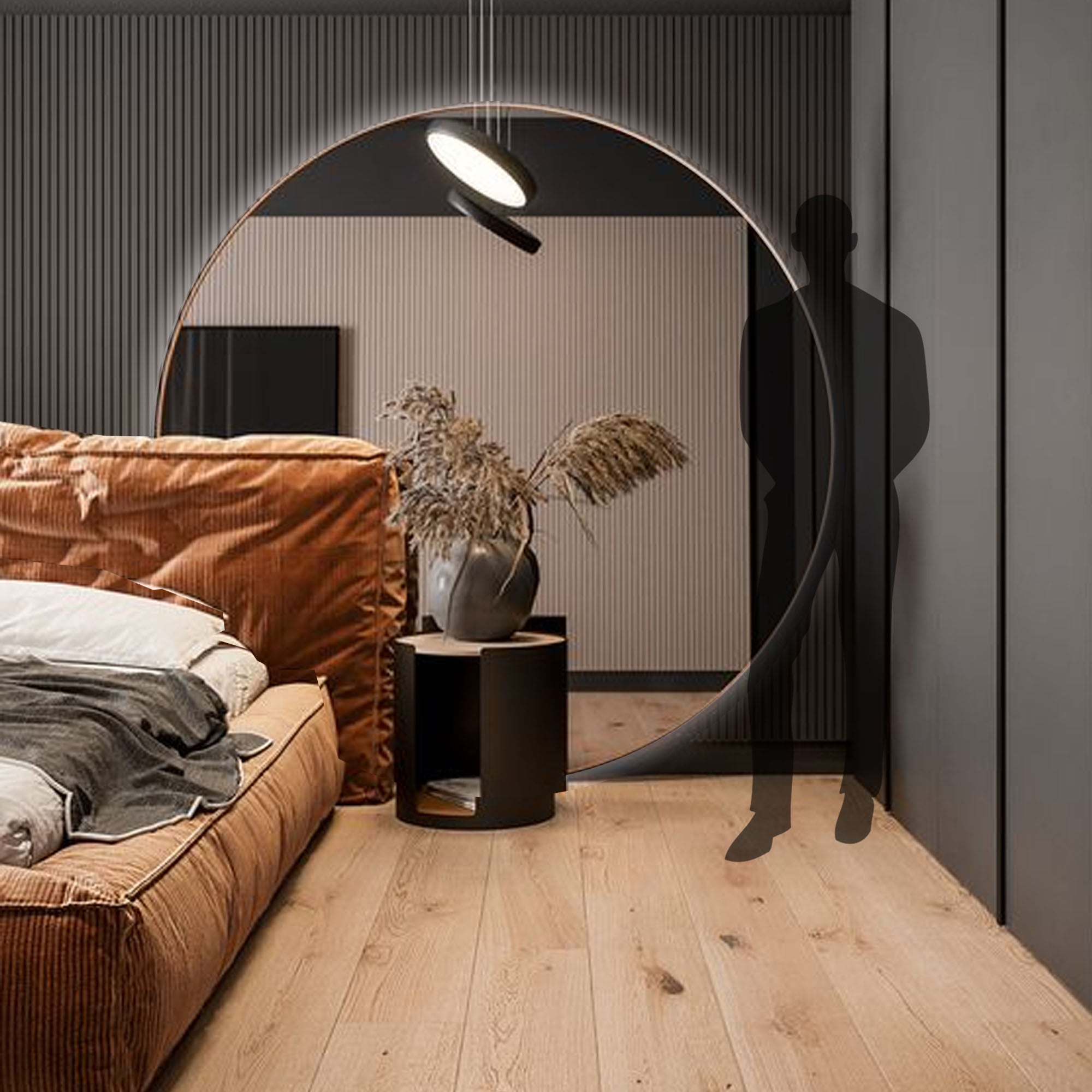 Golden mirror with stainless steel frame and built-in LED lighting by BEACON, showcasing a modern bathroom or bedroom decor piece.