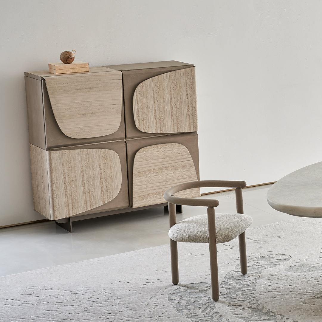 BEACON Grandeur side cabinet in neutral wood finish with sleek handles, ideal for modern living room or hallway storage.