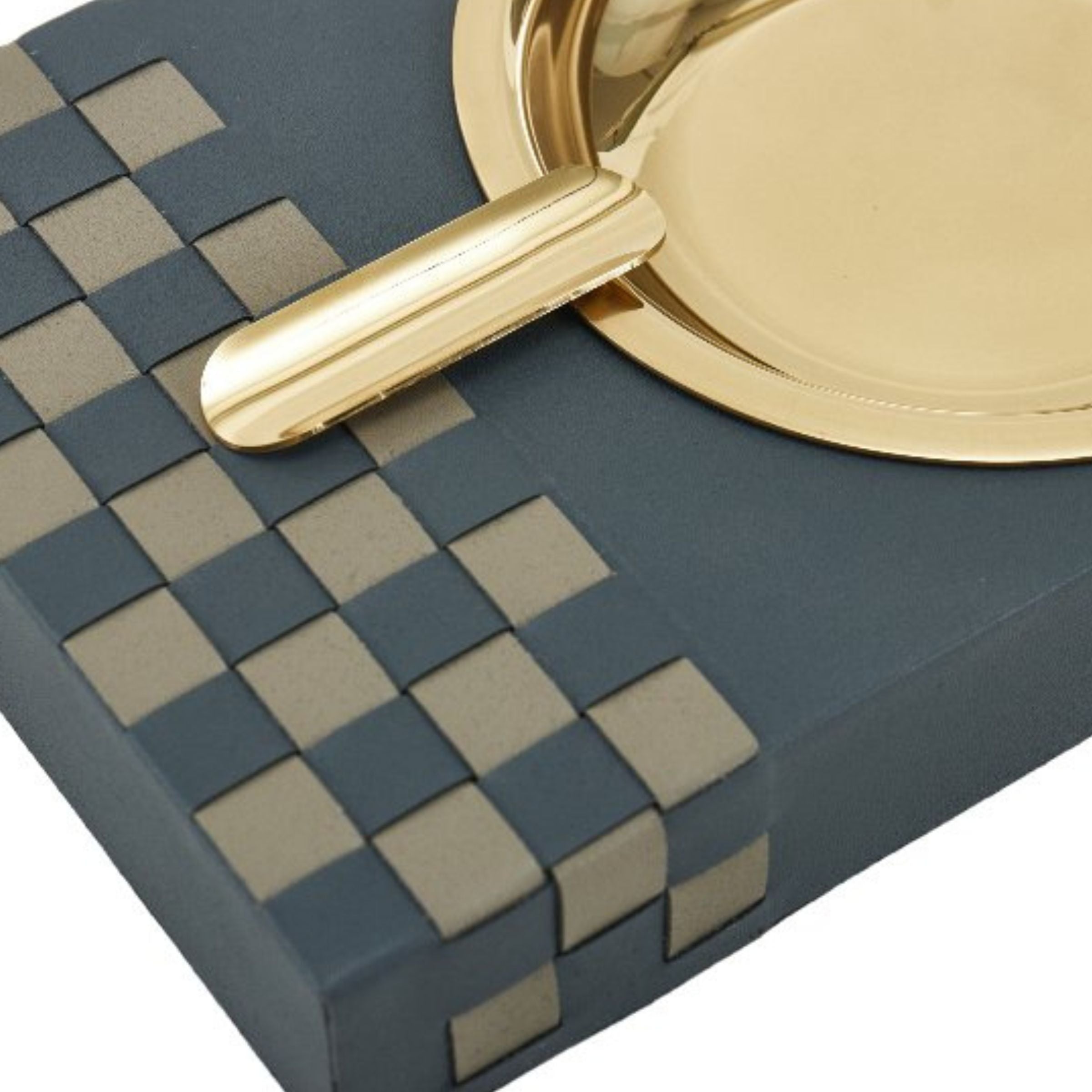 Grey, khaki, and gold hand-woven cigar tray by Beacon, perfect for elegant cigar presentation and storage.