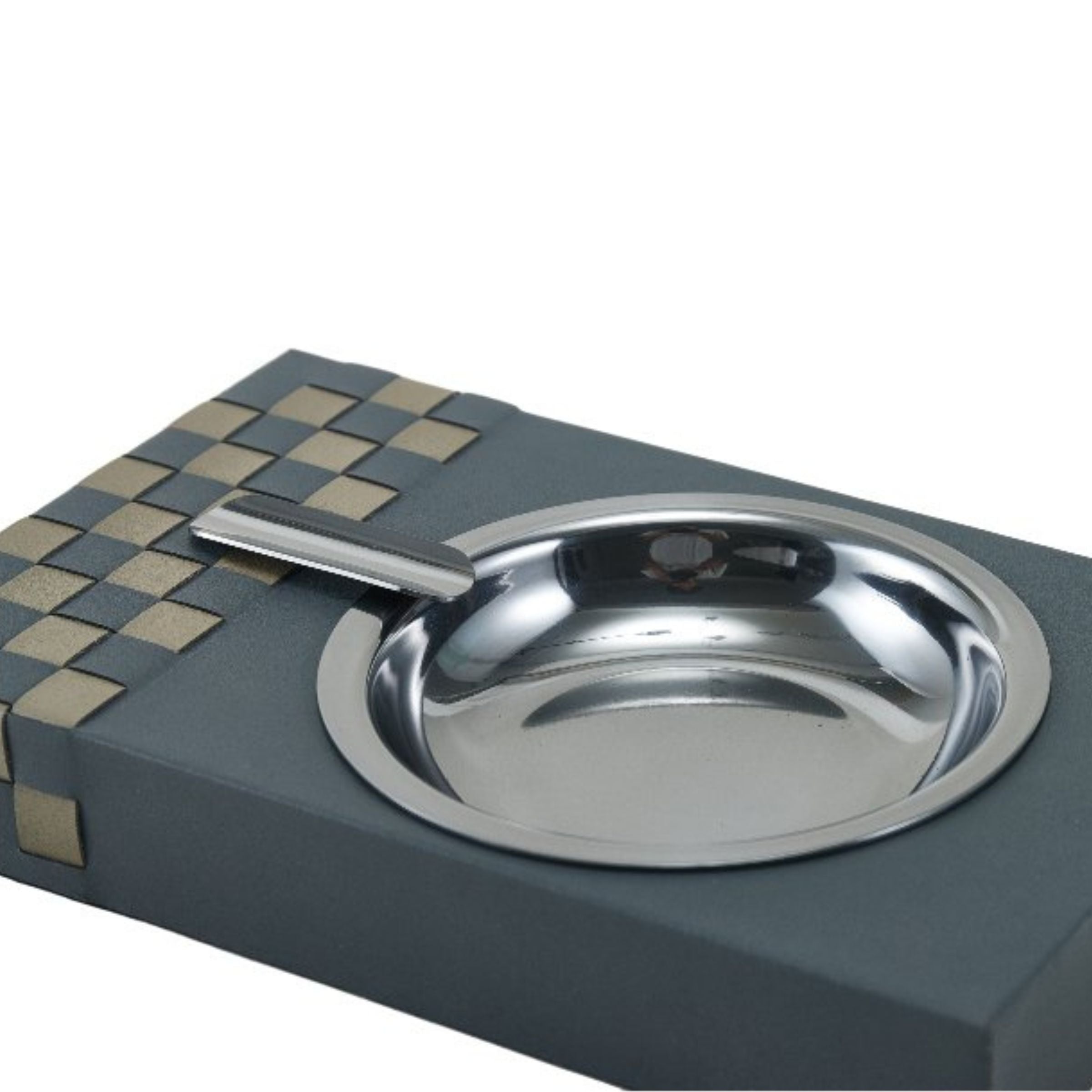 Grey, khaki, and metal hand-woven cigar tray by Beacon, designed for elegant cigar storage and display.