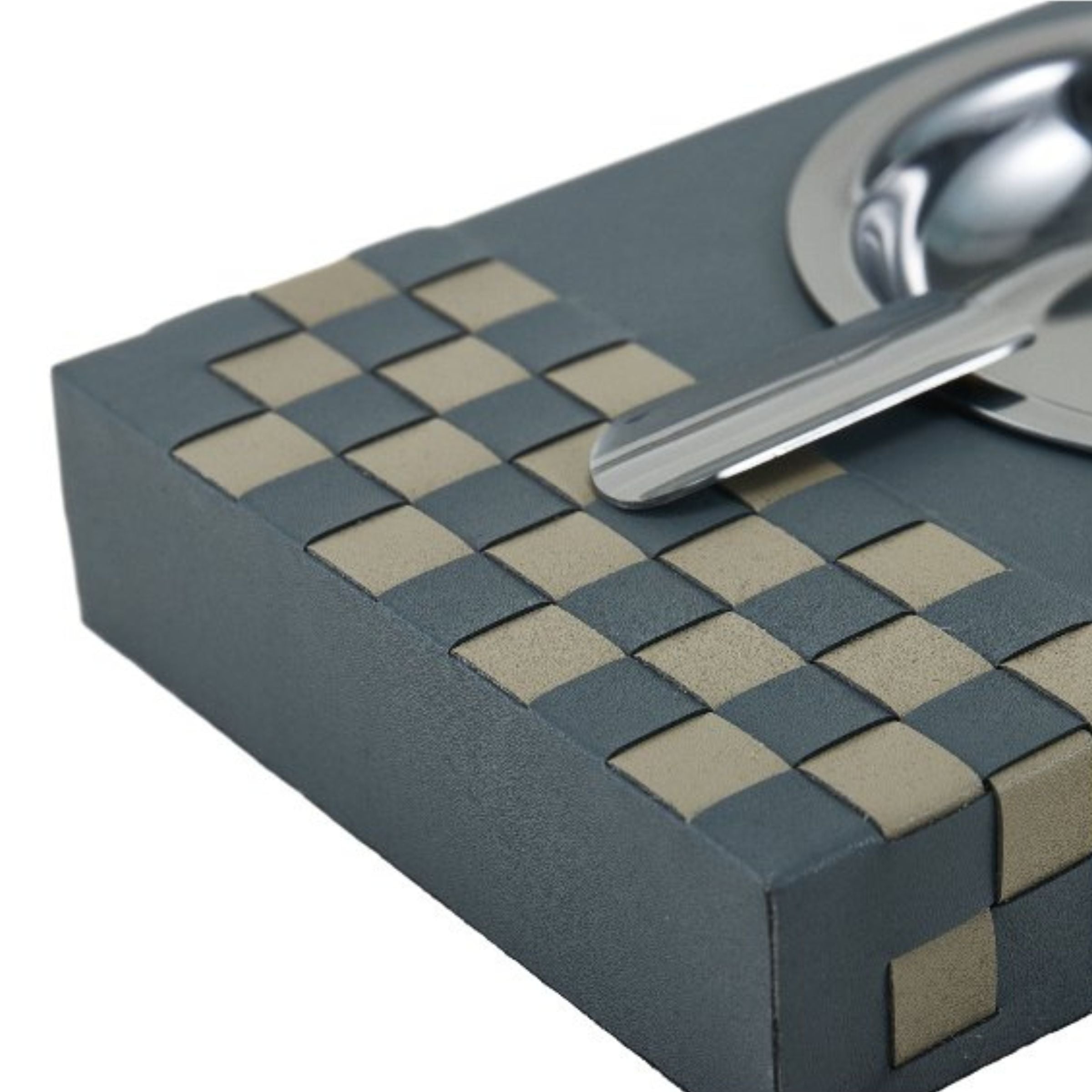 Grey and khaki hand-woven metal cigar tray by Beacon, featuring a stylish design perfect for cigar storage and display.