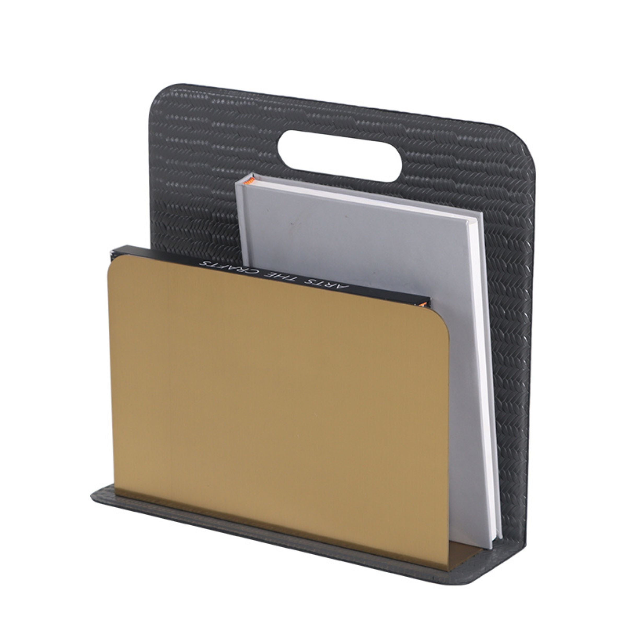 Grey and titanium gold BEACON magazine rack DW200850B bookends holding magazines, showcasing sleek metal design and modern style.