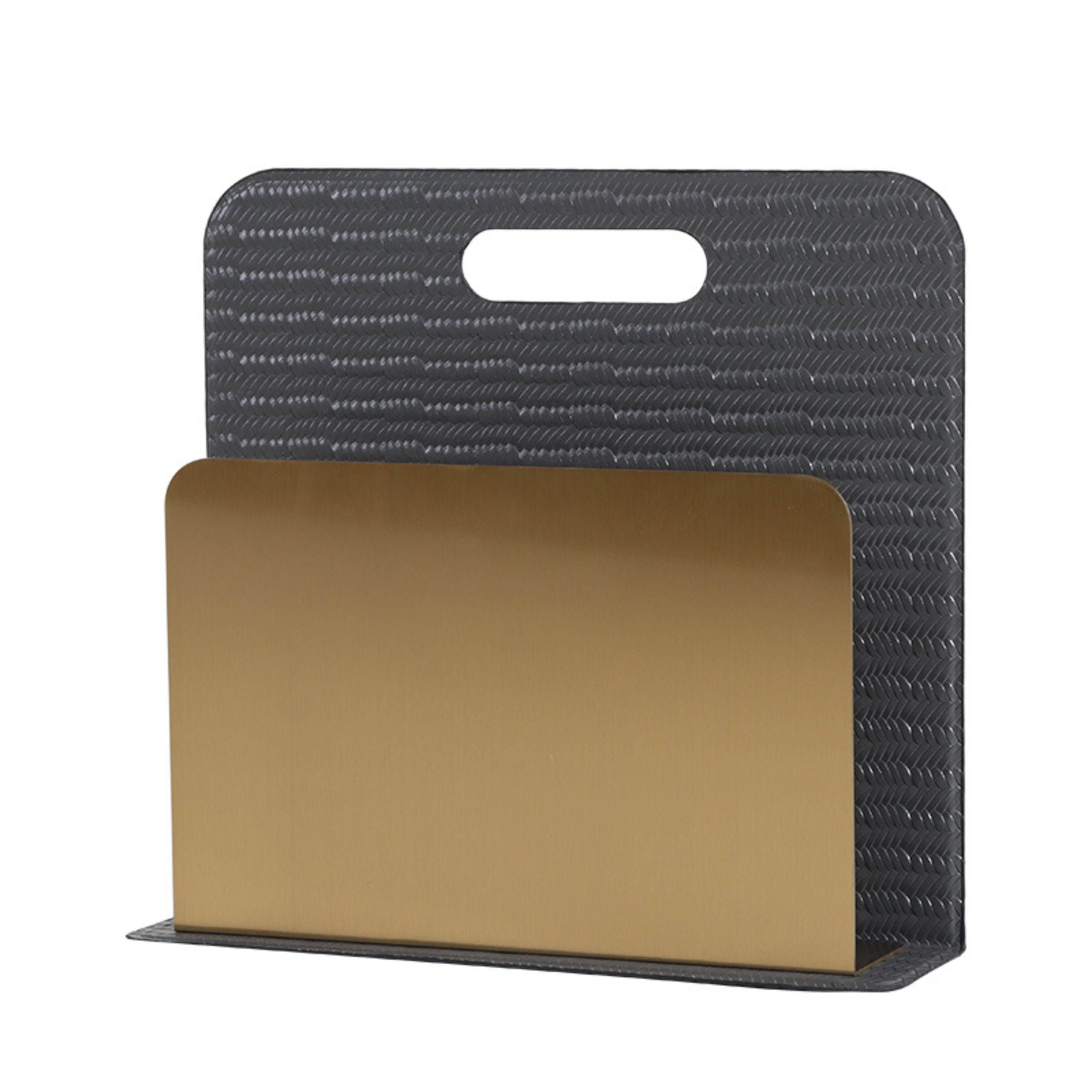 Grey and titanium gold BEACON magazine rack DW200850B bookends holding magazines on a shelf.