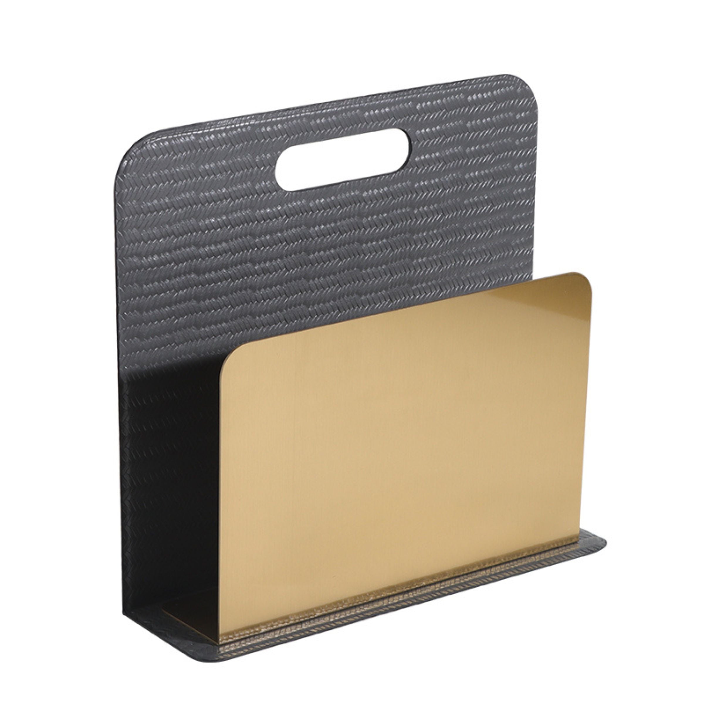 Gray and titanium gold Beacon bookends holding magazines, designed as a stylish magazine rack with a modern finish.