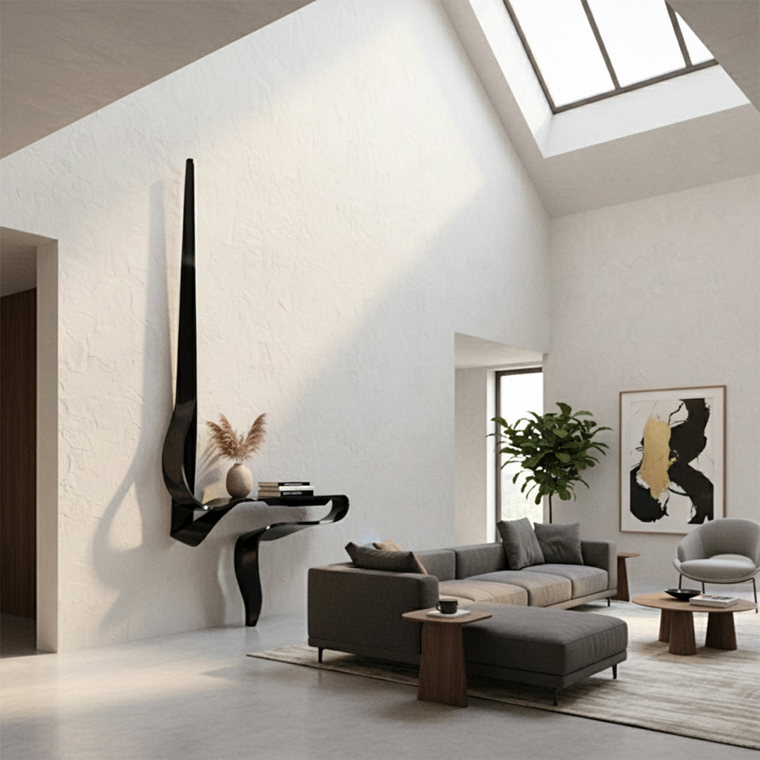 Handcrafted black stainless steel shelf artwork by BEACON, showcasing detailed design and sleek modern style.