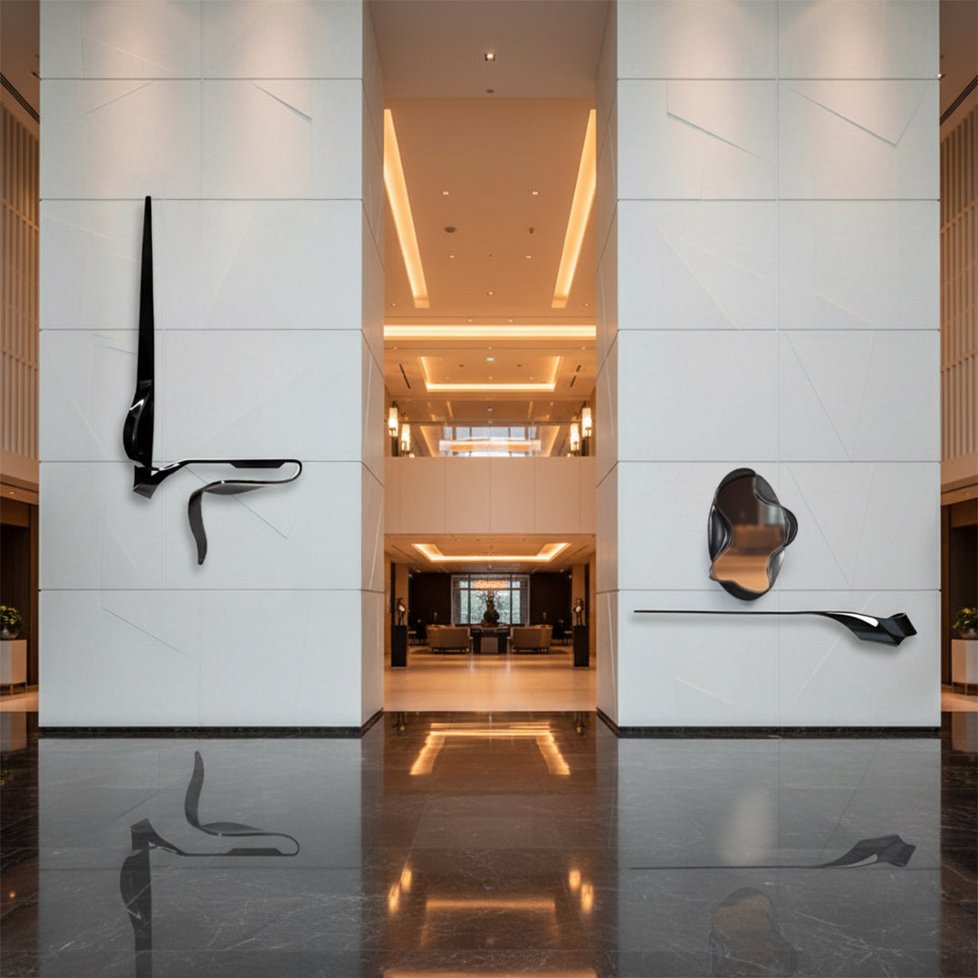 Handcrafted black stainless steel shelf artwork by BEACON, featuring sleek, modern design with detailed craftsmanship.