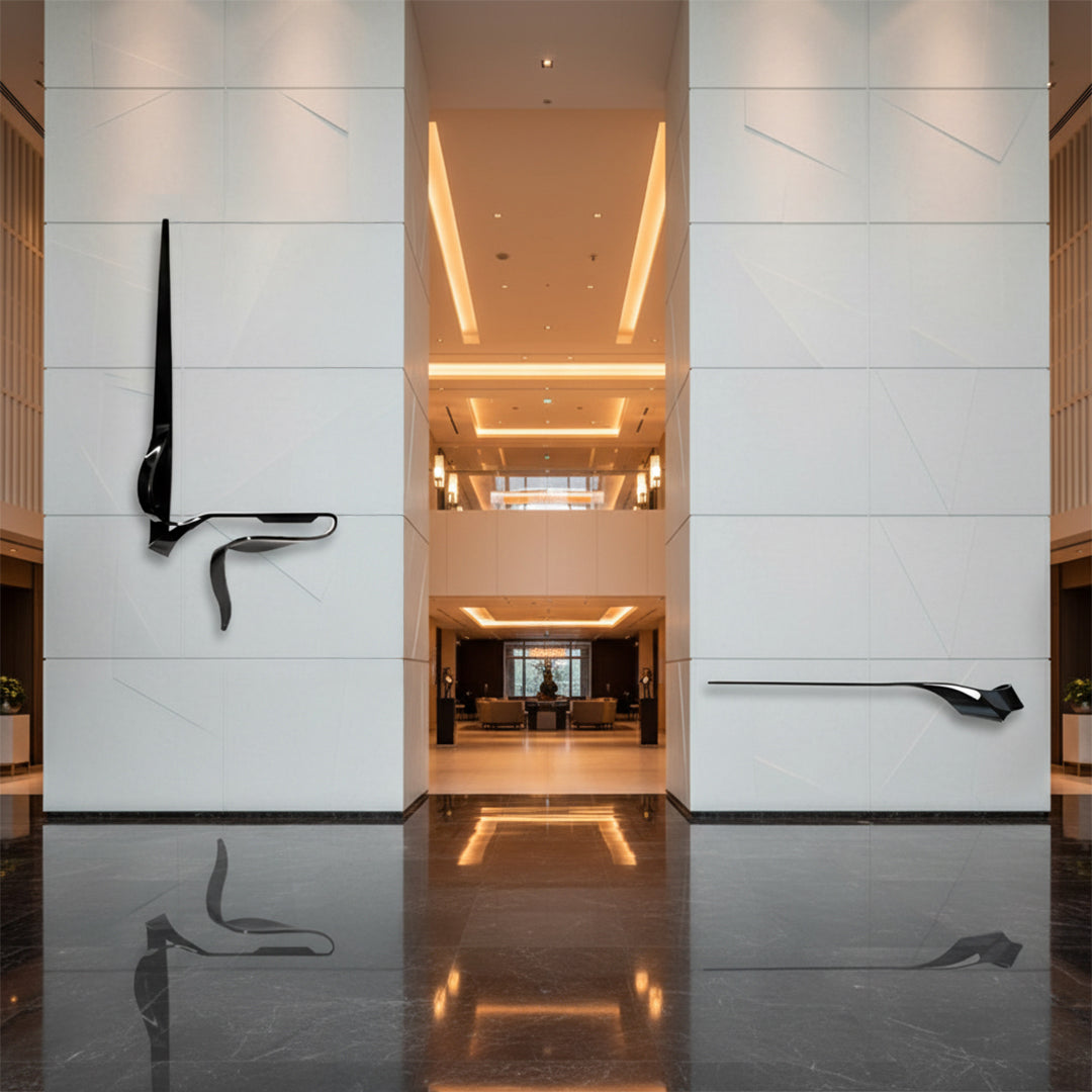 Handcrafted black stainless steel shelf artwork by BEACON, featuring sleek, modern design and detailed craftsmanship.
