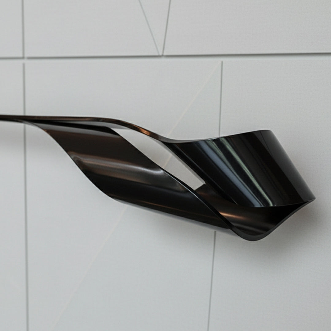 Hand-crafted black stainless steel shelf artwork by BEACON, small size with intricate metal craftsmanship.
