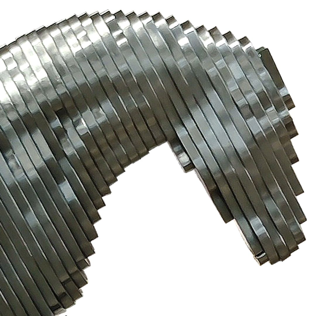 Hand-crafted stainless steel horse artwork by BEACON, featuring a sleek gun black finish, showcasing detailed equine craftsmanship.