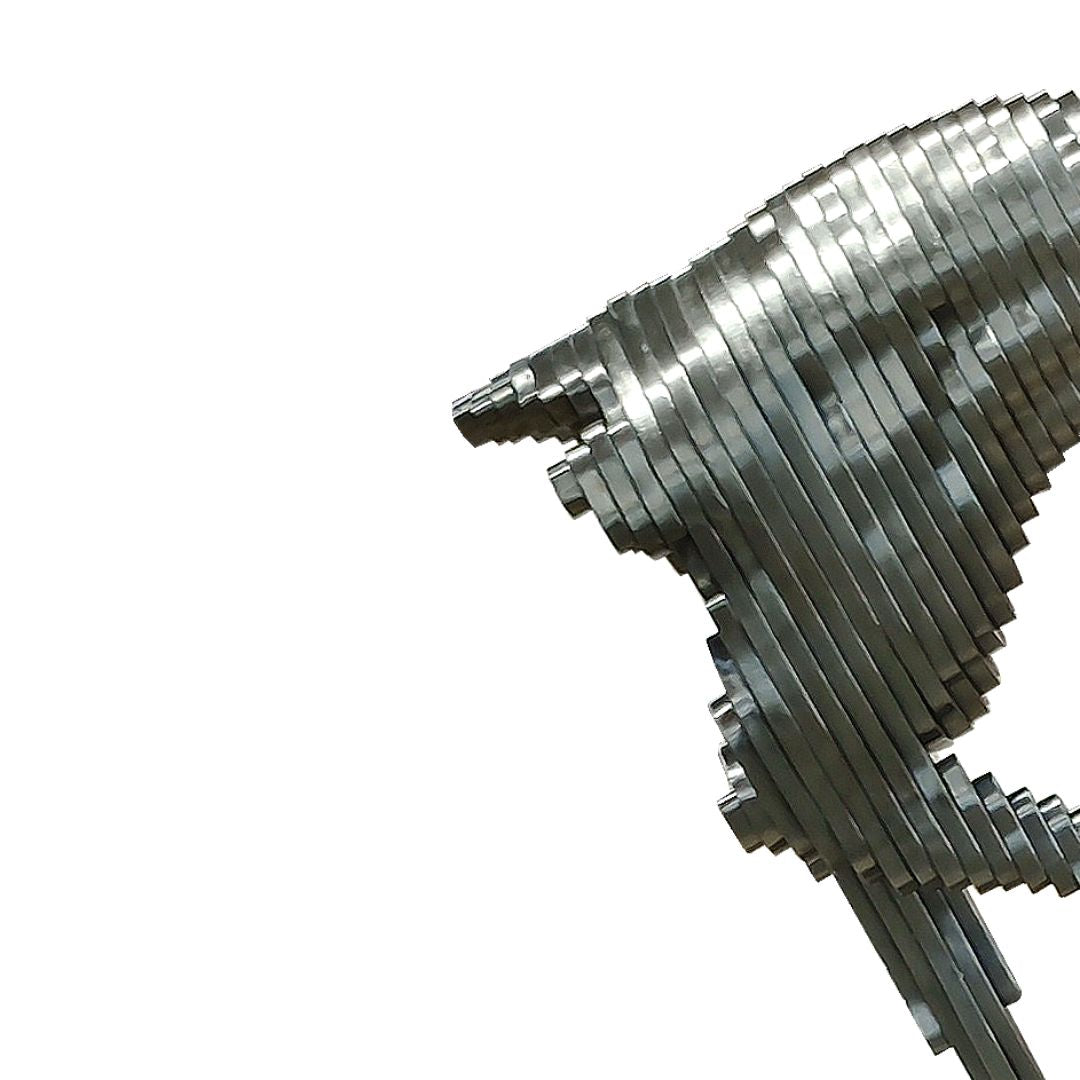 Hand-crafted stainless steel horse artwork by BEACON, featuring intricate details in gun black finish.