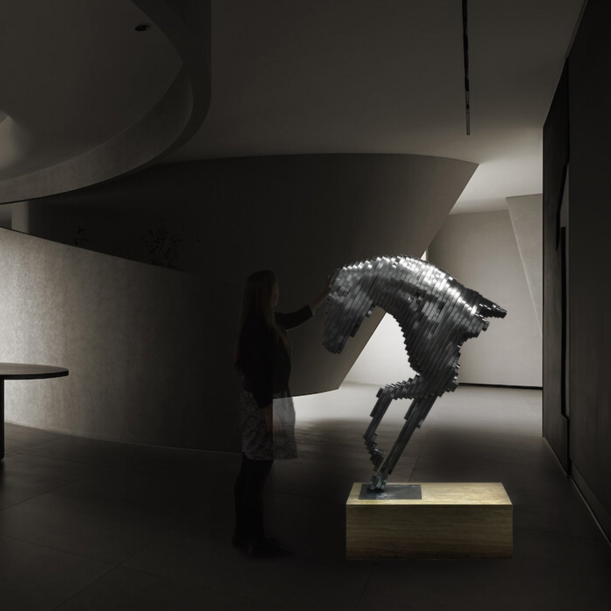 Hand-crafted stainless steel horse artwork in gun black finish, detailed sculpture by BEACON.