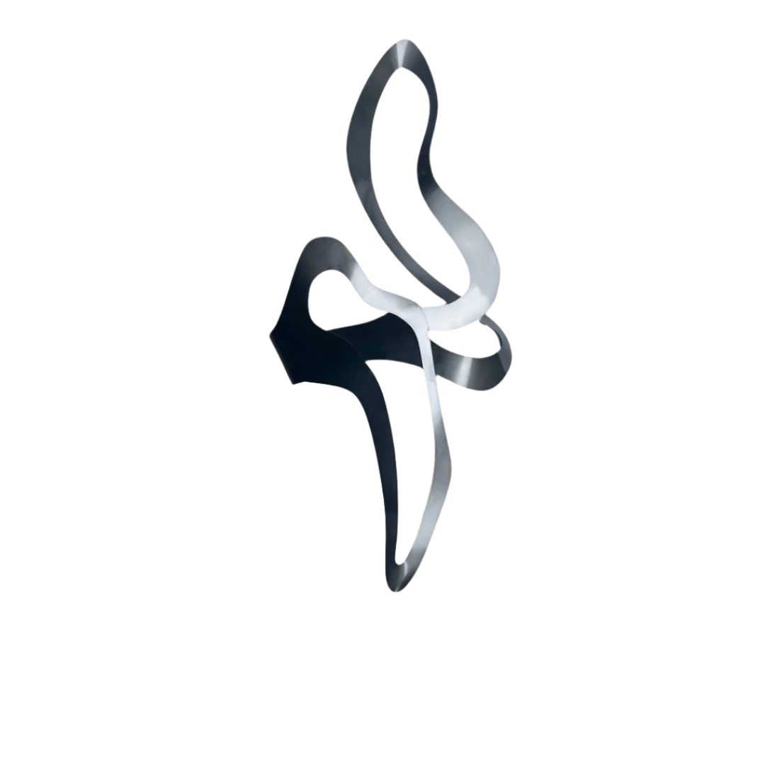 Handcrafted stainless steel artwork by BEACON, featuring intricate metal design with polished and textured details.