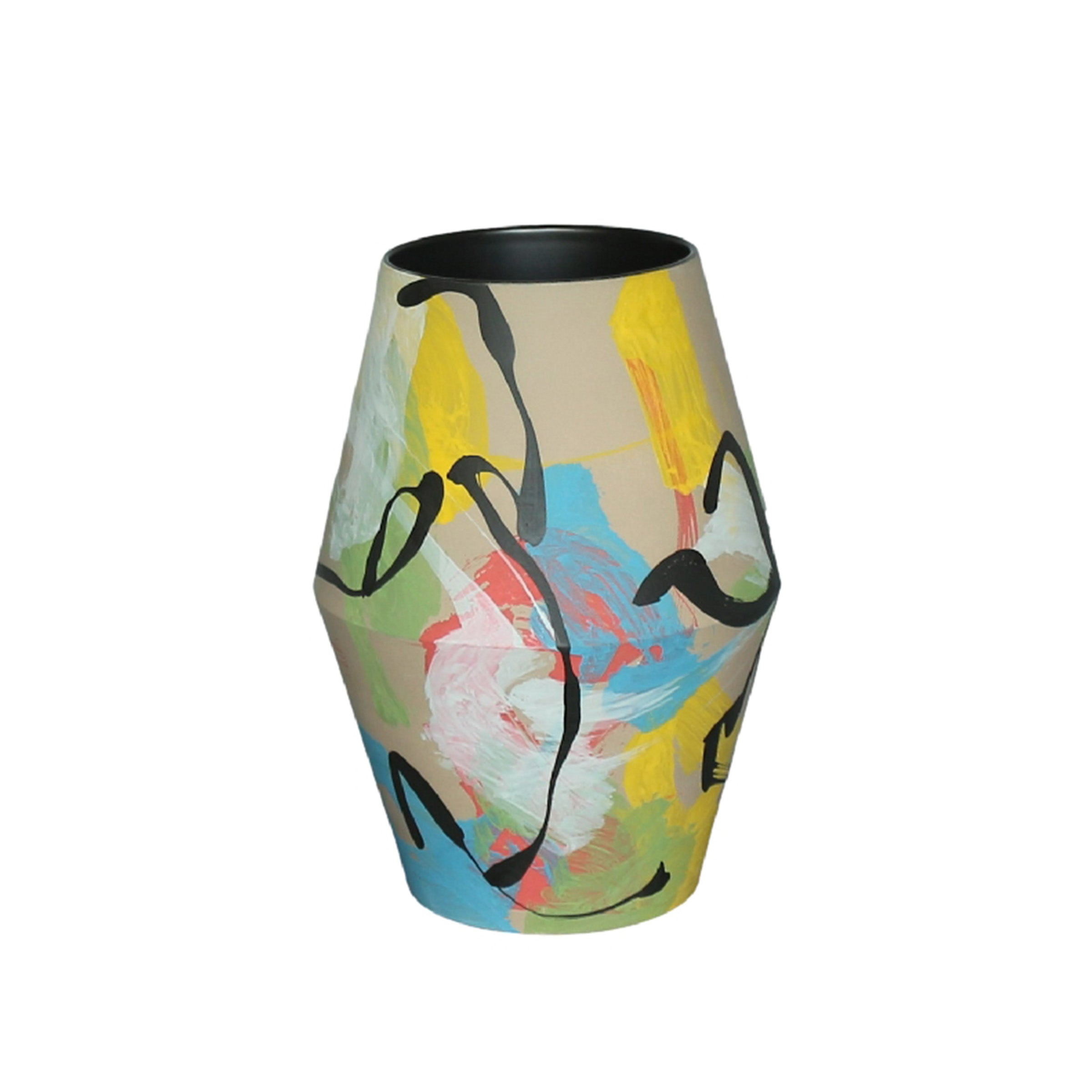 Hand-painted statement vase by BEACON with vibrant floral designs, showcasing intricate artwork on a tall ceramic vase.