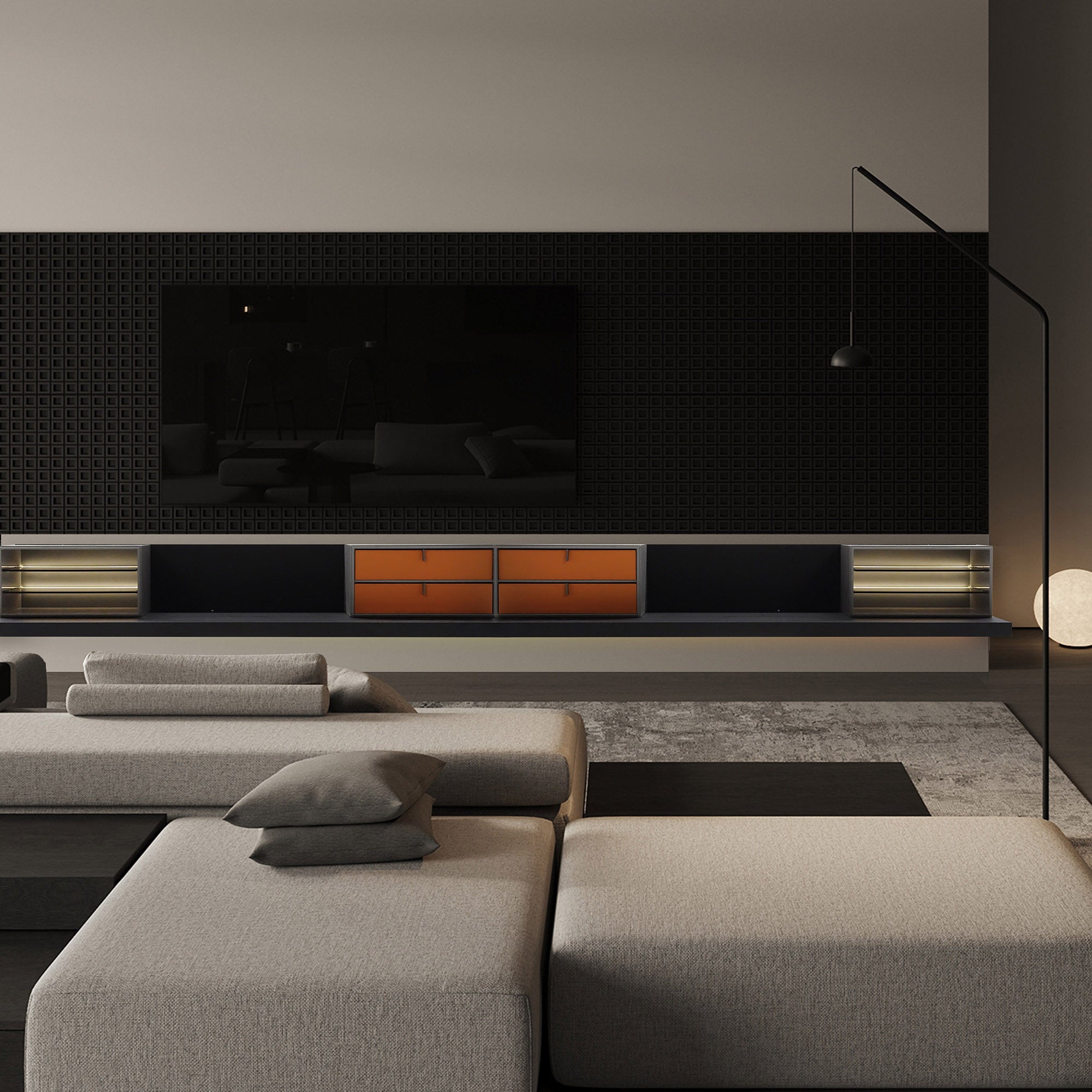 BEACON handged floating TV unit IDG-D212 with sleek storage compartments, modern design, and wall-mounted installation.