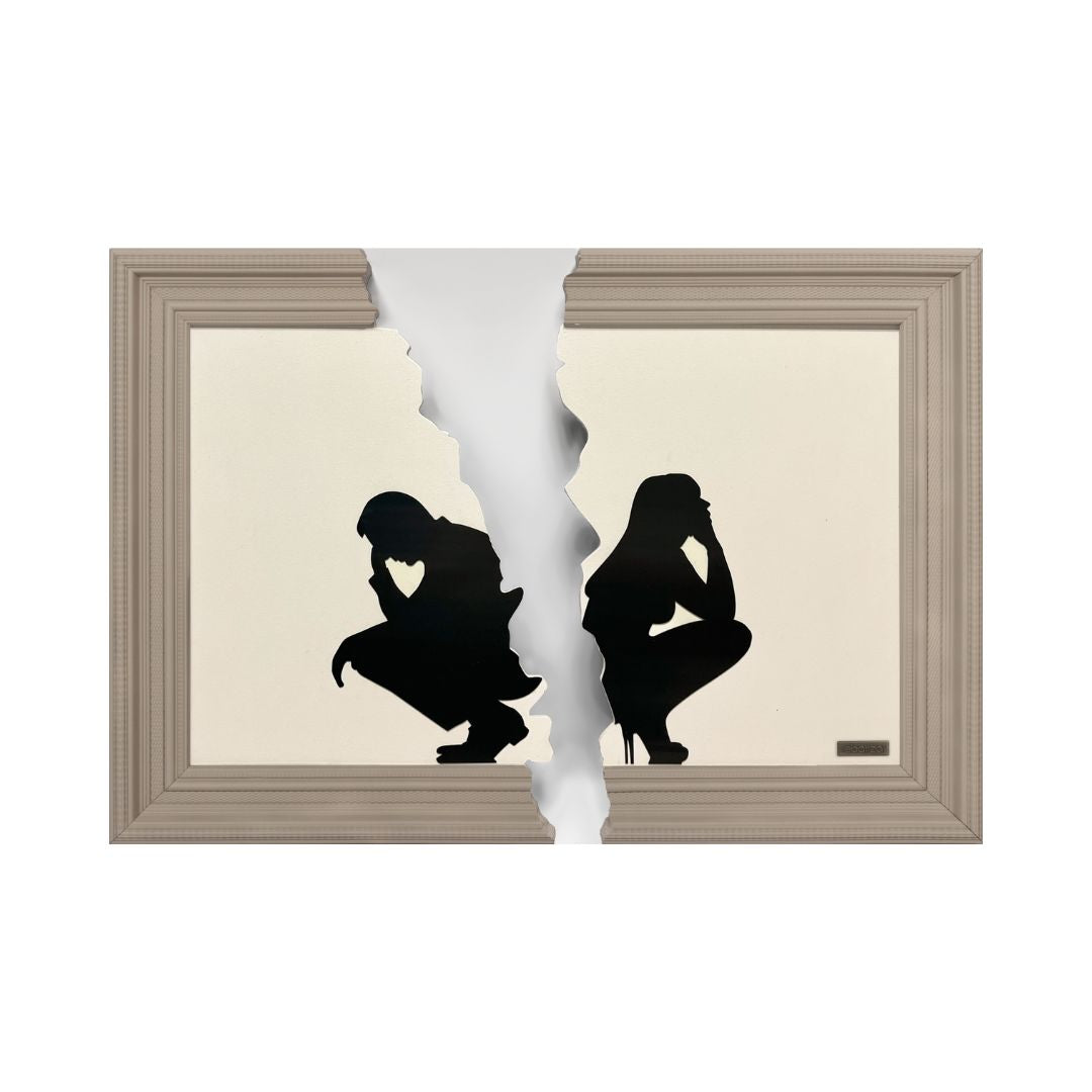 Handmade cracked textured painting in beige and brown tones framed, by BEACON, showcasing artistic surface details.
