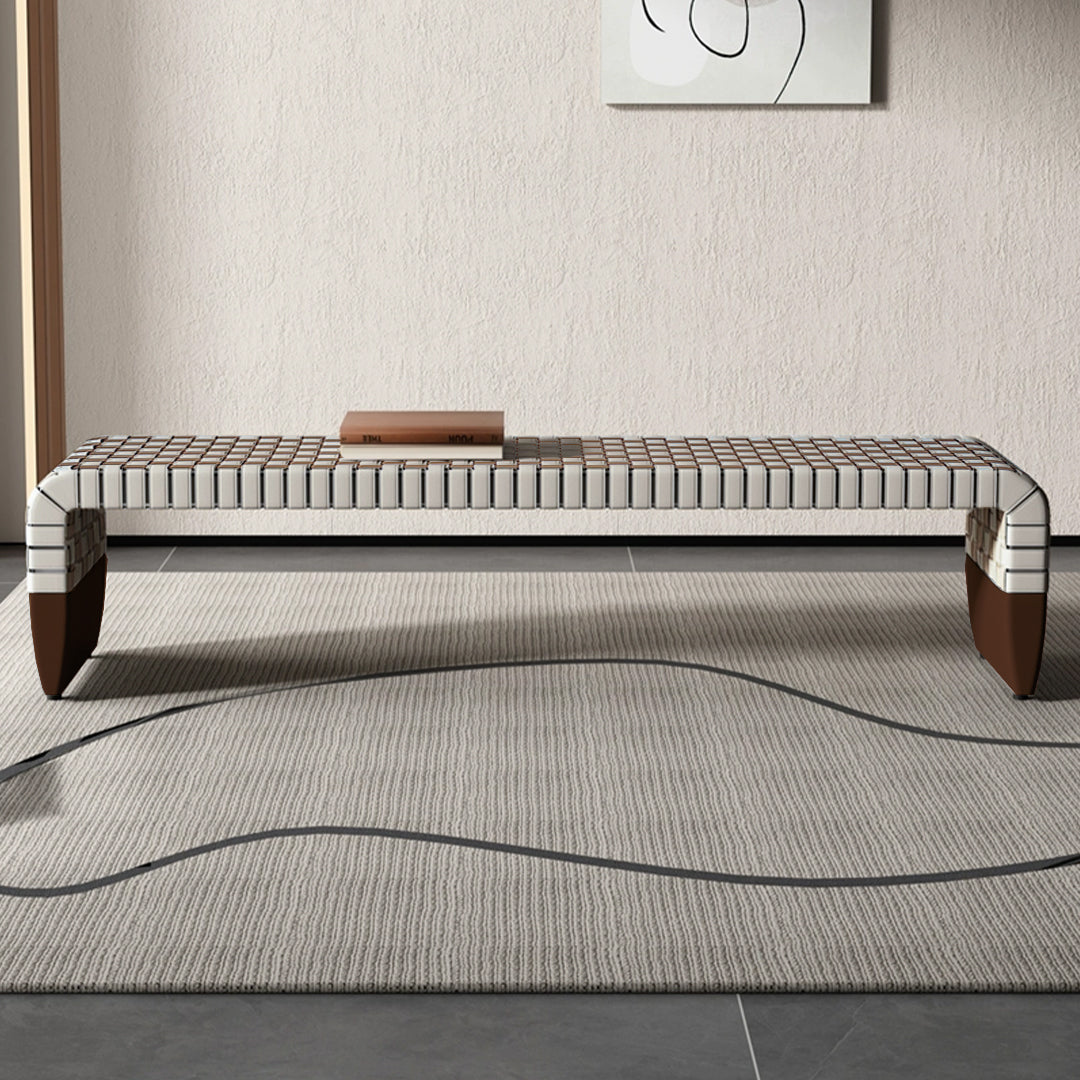 Hanzo solid wood and saddle leather bench by BEACON, featuring a sturdy wooden frame and leather upholstered seat.