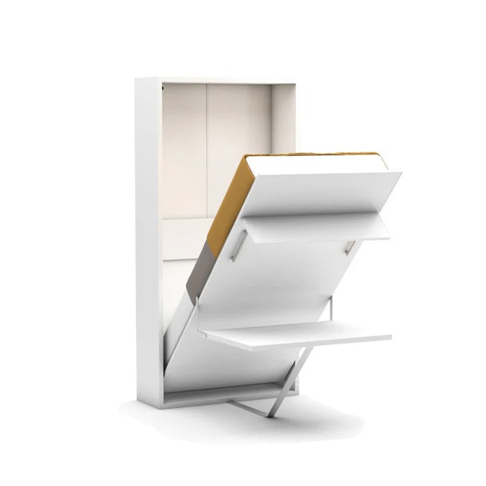 MultiMO Happy Wall Bed with Desk and Mattress, modern foldable bedstead with workspace and comfortable mattress in a compact design.