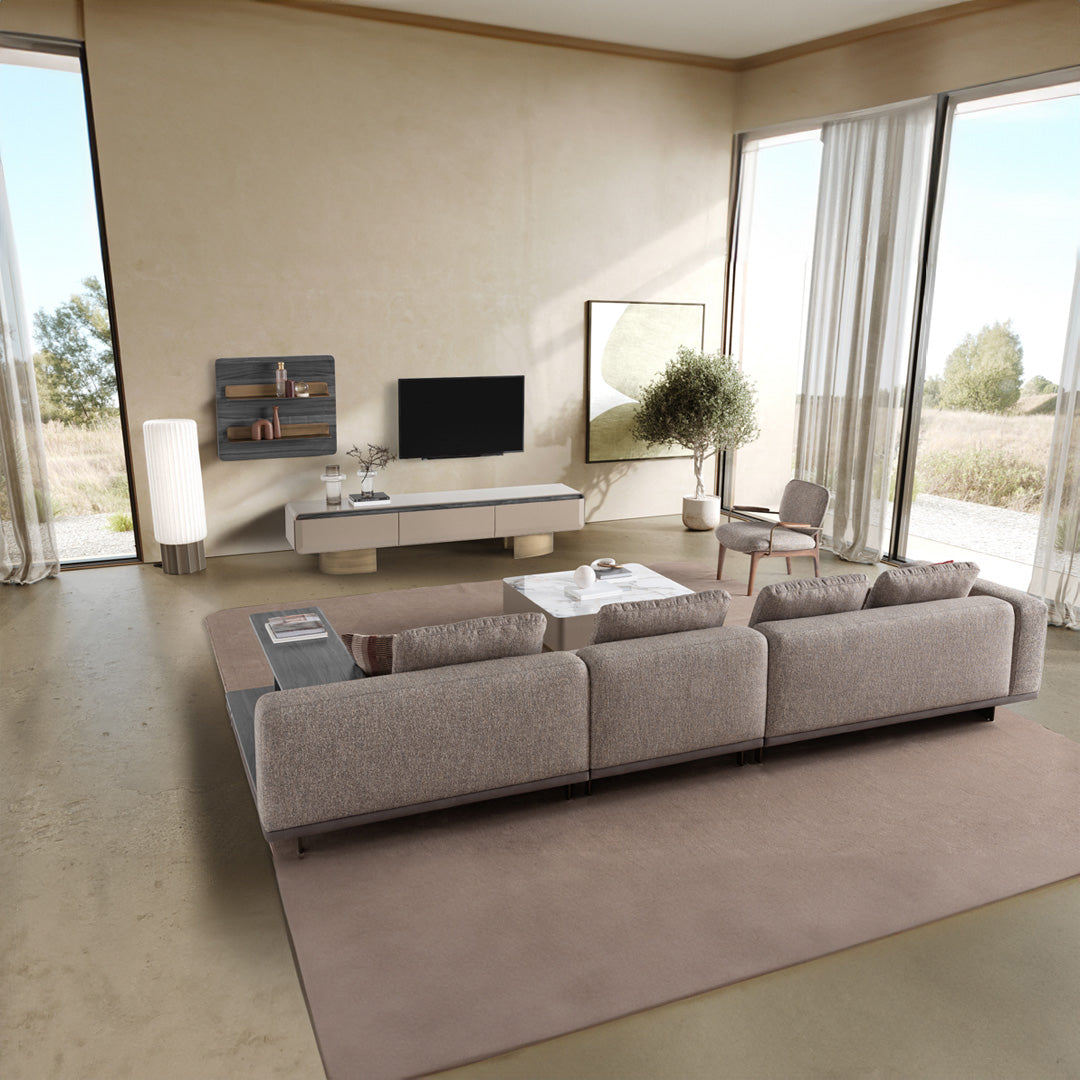 Sardunya Harmony chaise lounge sofa with built-in right shelf, upholstered in fabric, modern design for living room comfort.