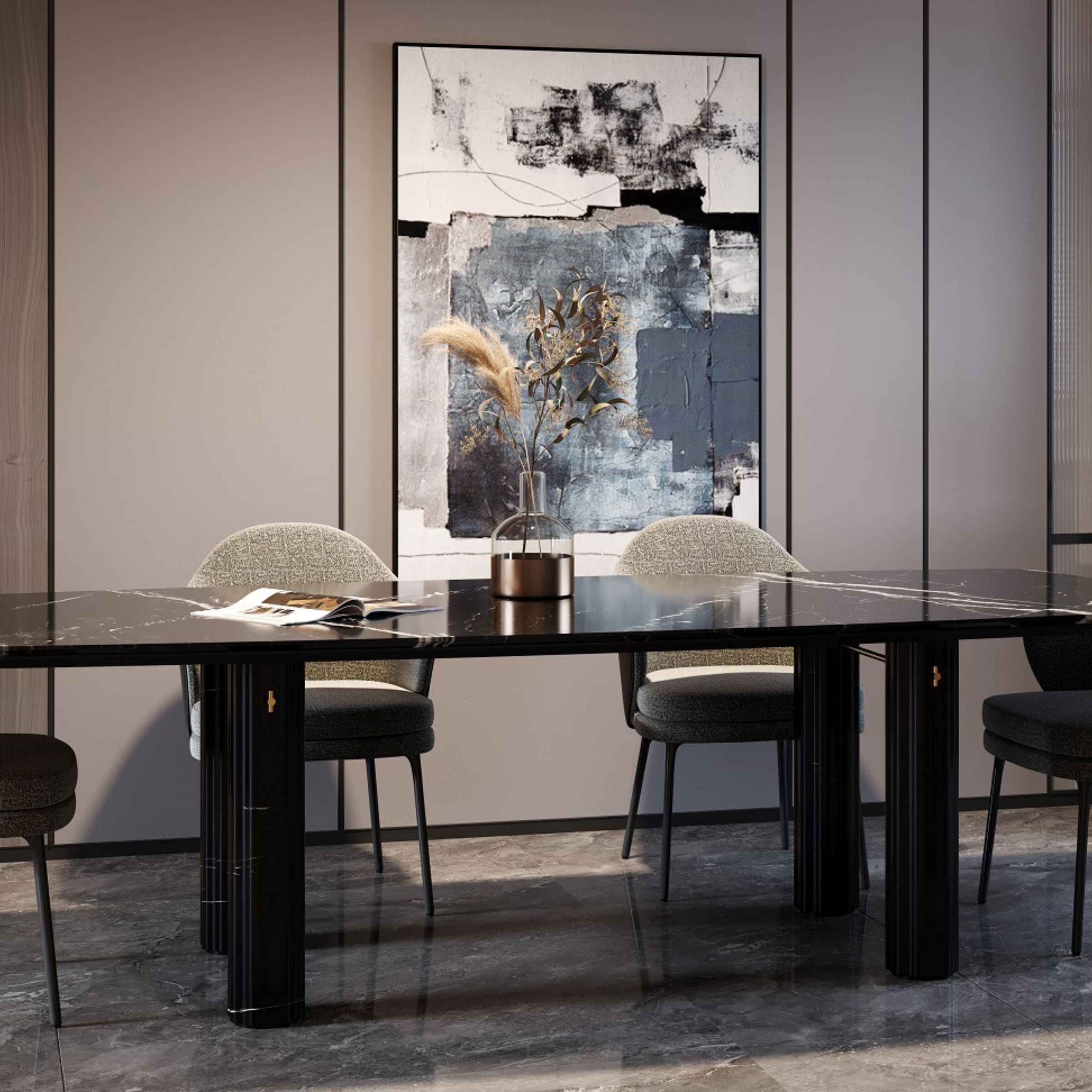 A2STONE Harmony Natural Marble Dining Table 419DT showing a sleek marble tabletop and modern wooden legs in a dining room setting.