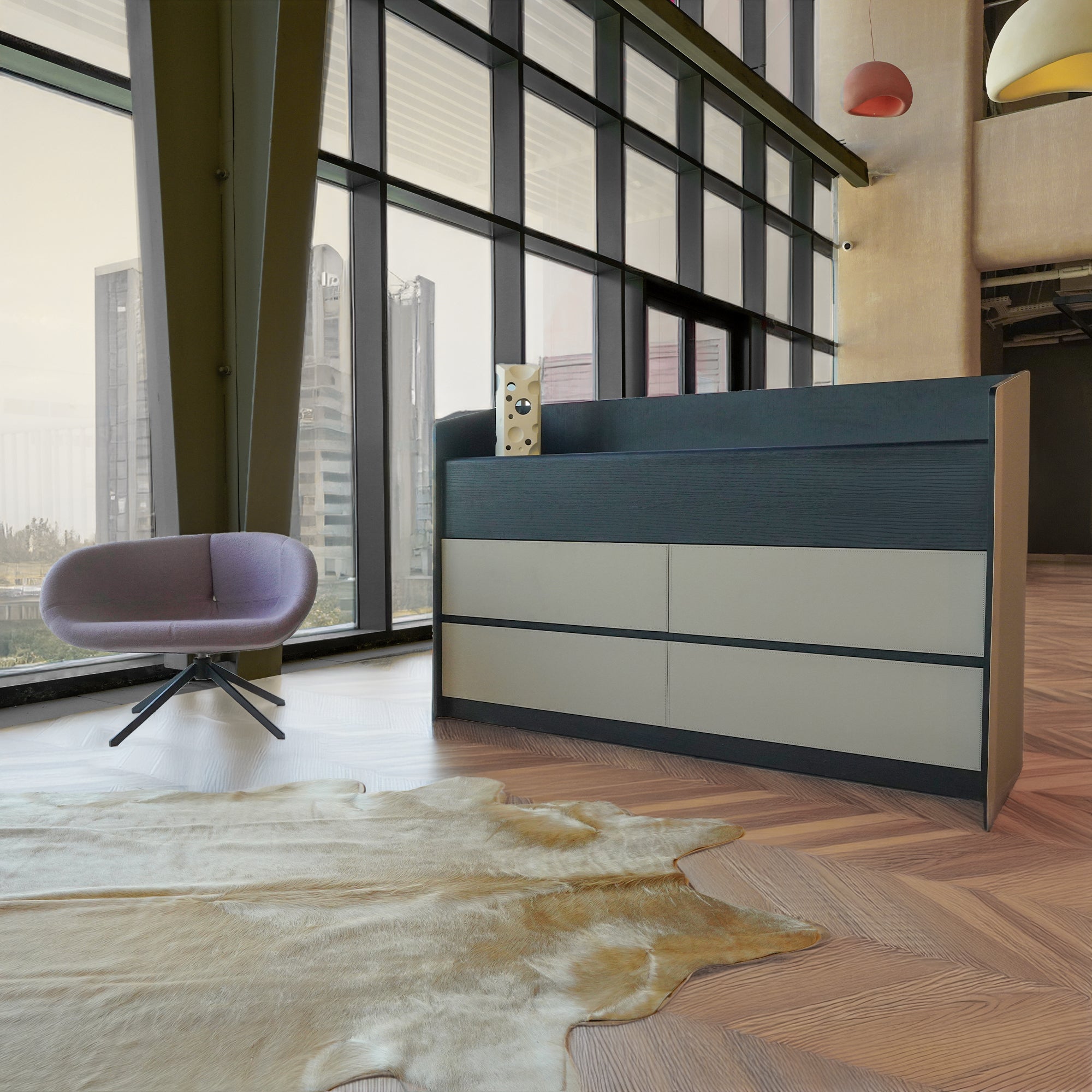 Hidden Dining Table in a Saddle Leather Sideboard Black and Grey MLL-CUS24 -  Sideboards - ebarza Furniture UAE | Shop Modern Furniture in Abu Dhabi & Dubai - مفروشات ايبازرا في الامارات | تسوق اثاث عصري وديكورات مميزة في دبي وابوظبي